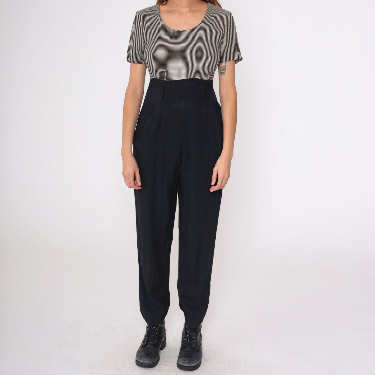 90s Black Pinstripe Jumpsuit Scoop Neck Tapered Pants Pockets Medium 8