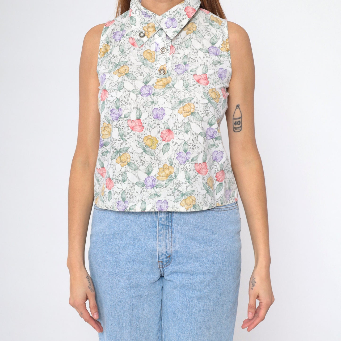 90s White Floral Sleeveless Collared Shirt Button-Up Blouse Small