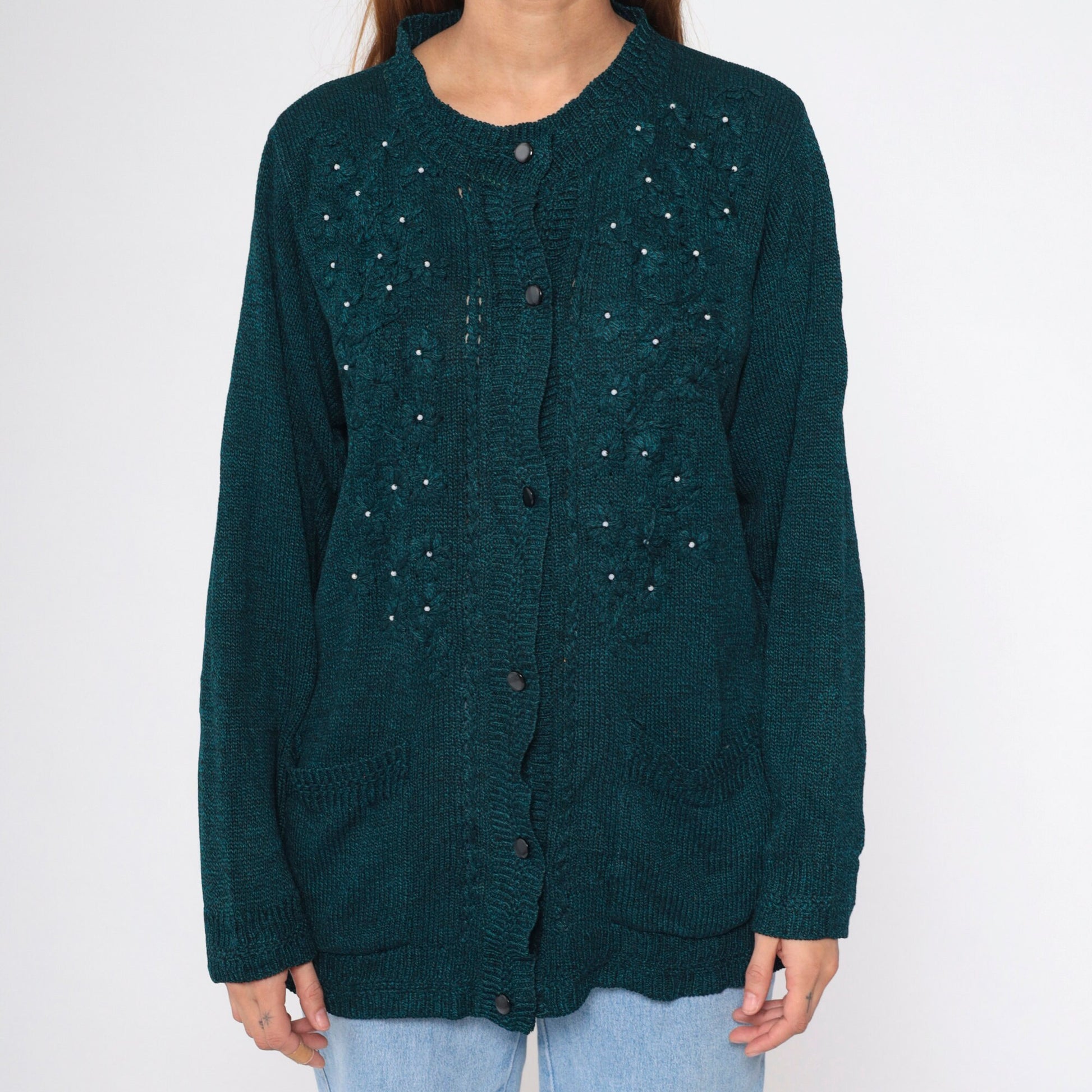 90s Beaded Floral Cardigan Blue Black Pearl Button-Up Knit Large L