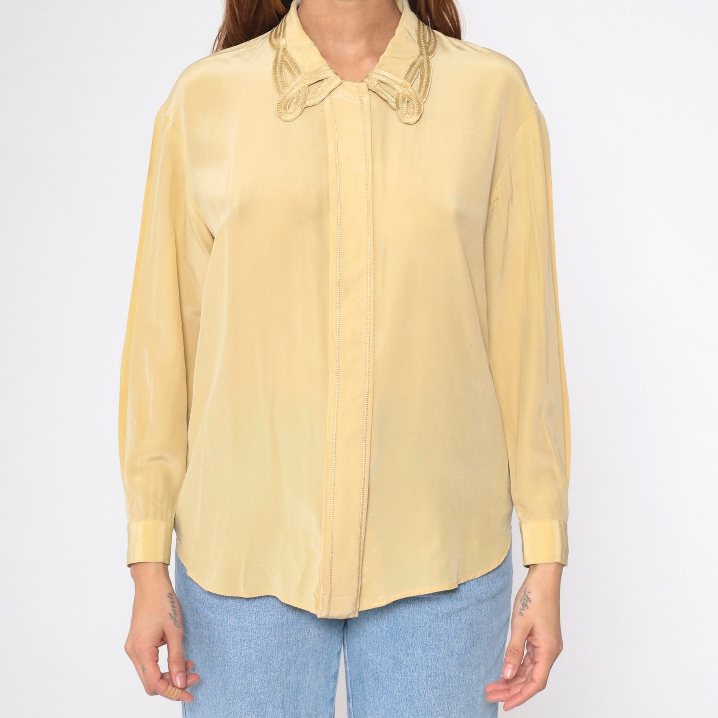 90s Rafaella Silk Cutwork Blouse Yellow Long Sleeve Hidden Button Small