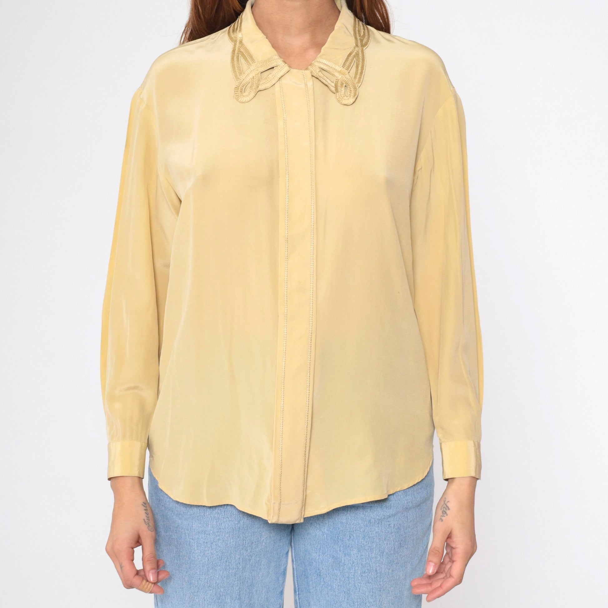 90s Rafaella Silk Cutwork Blouse Yellow Long Sleeve Hidden Button Small