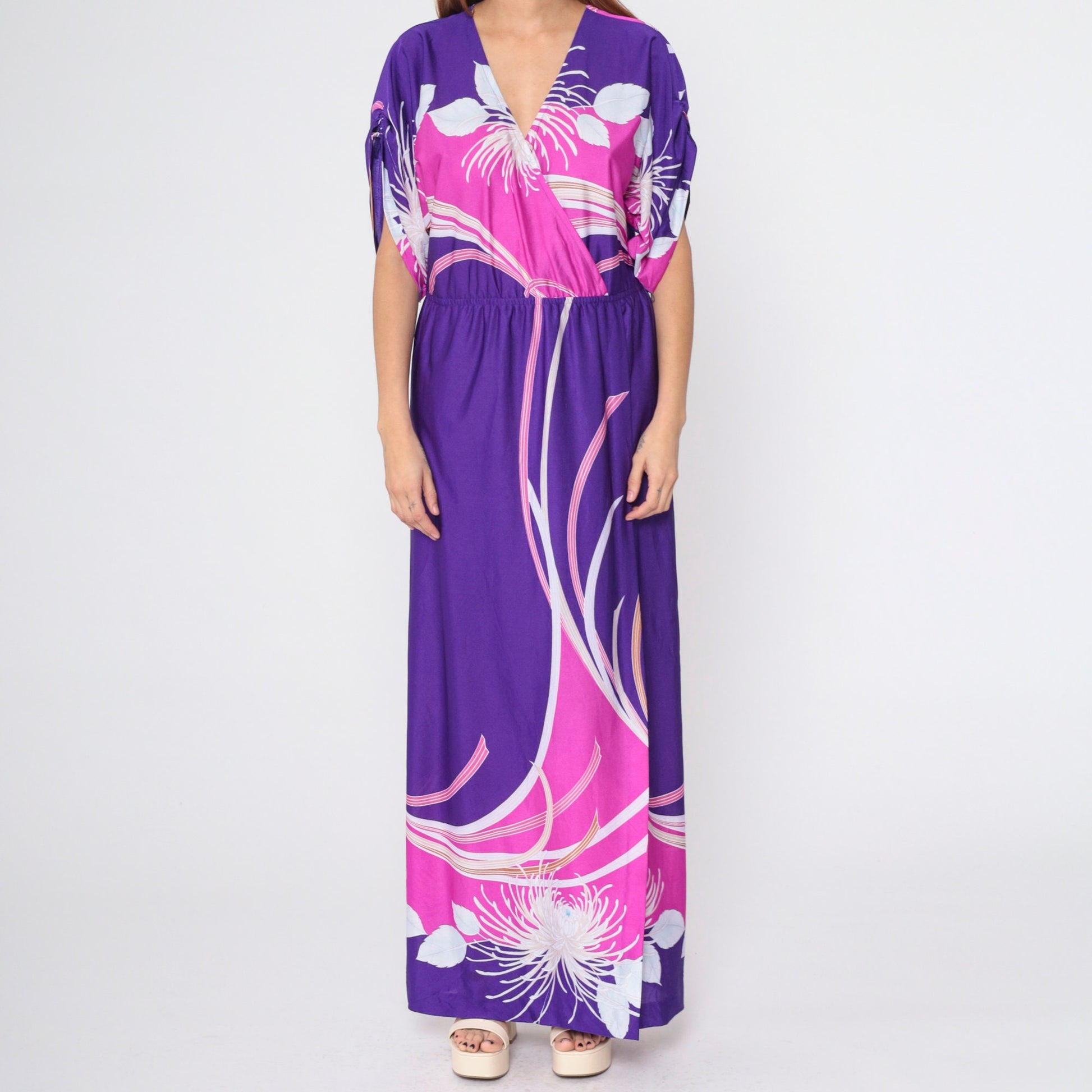 70s Purple Floral Hawaiian Maxi Dress Faux Wrap Ruched Sleeve Medium