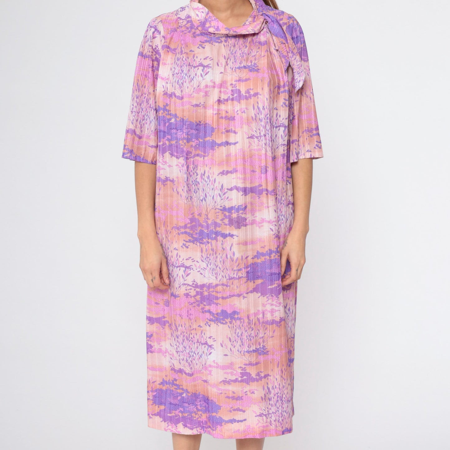 70s Psychedelic Midi Dress Abstract Tree Cloud Print Ascot Tie Short Sleeve Purple Pink Large L