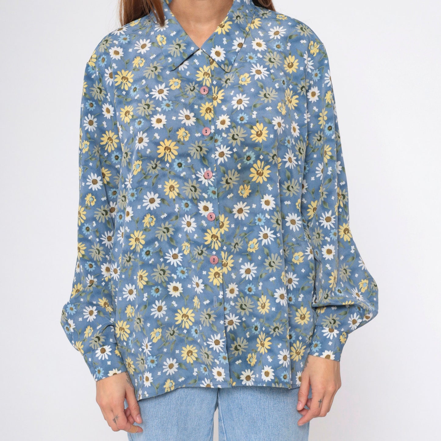 90s Blue Floral Button-Up Blouse Long Sleeve Collared Shirt Extra Large XL