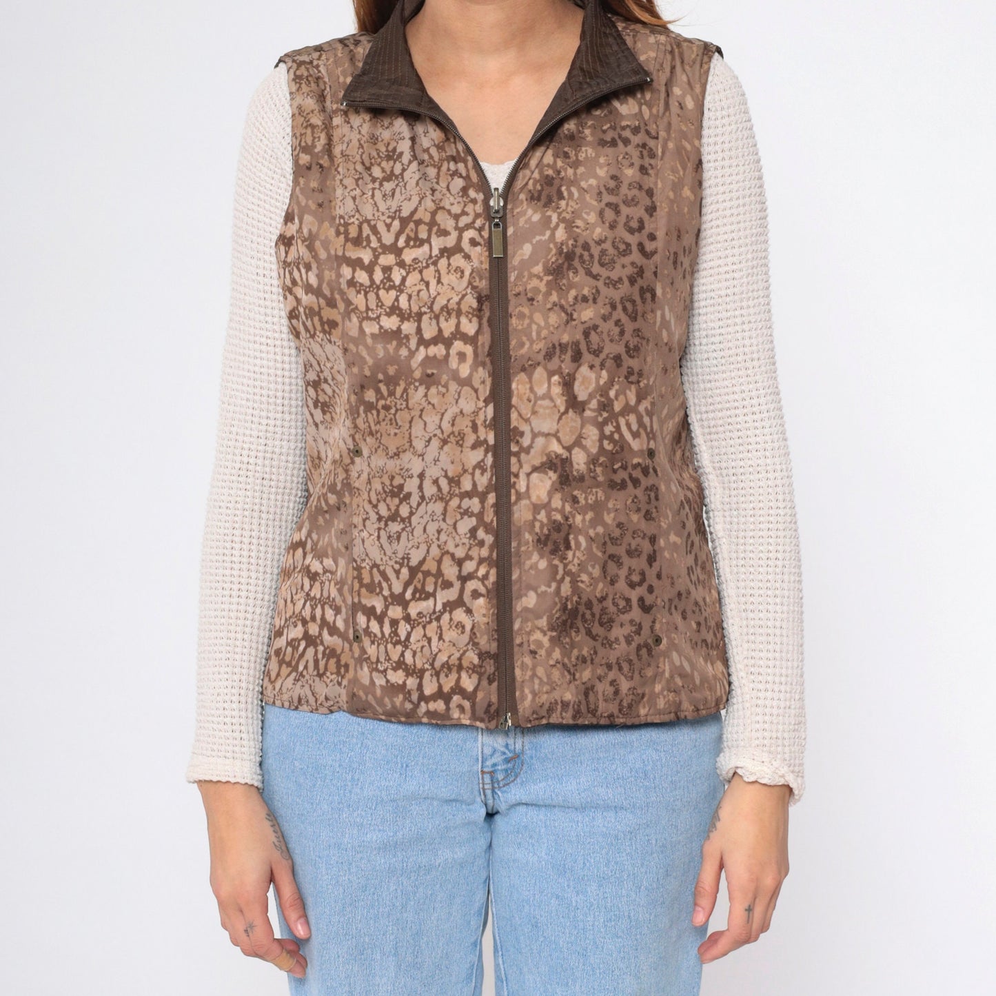 90s Leopard & Brown Reversible Quilted Vest Zip-Up Small