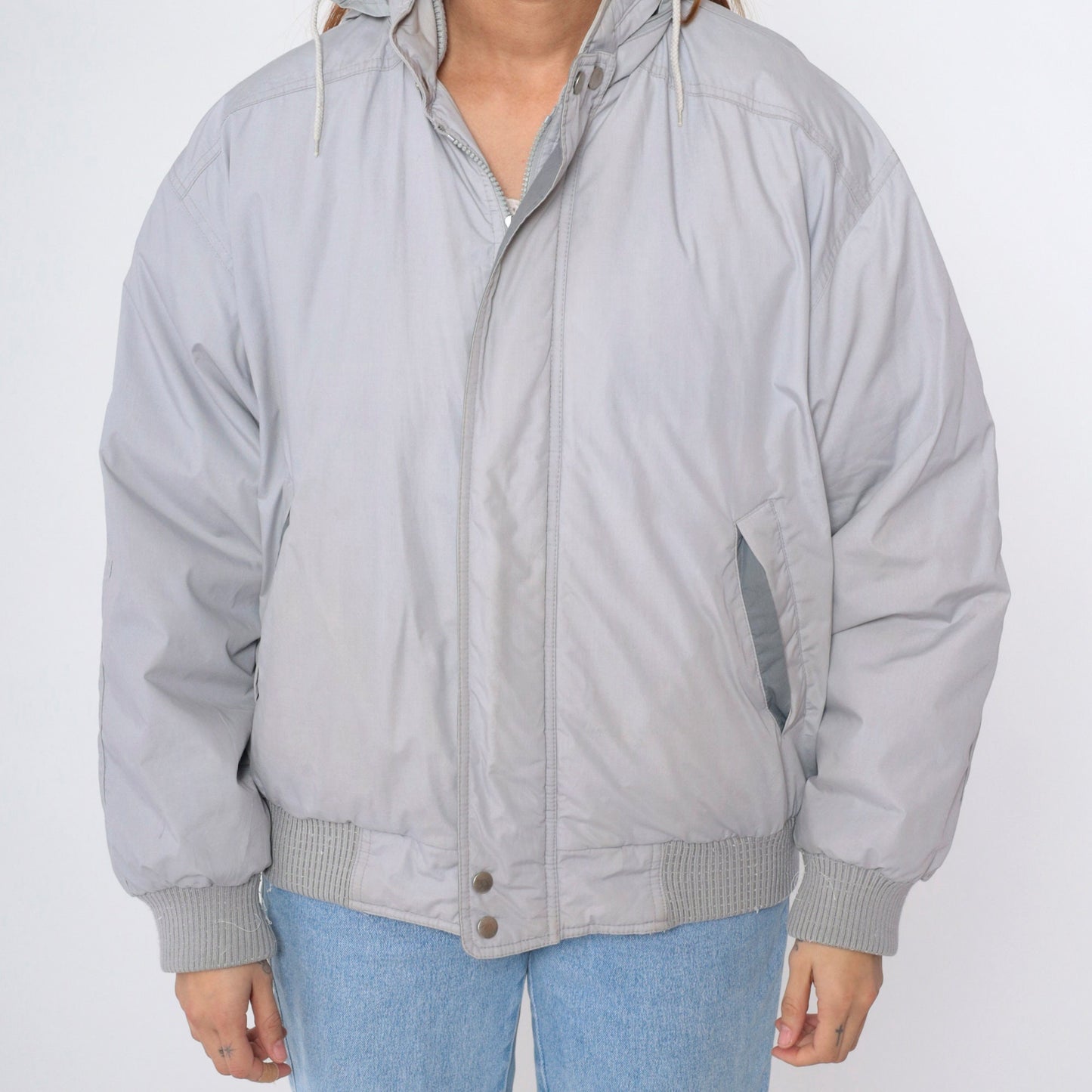 Members Only Down Jacket 80s Grey Hooded Ski Puffer Coat Medium
