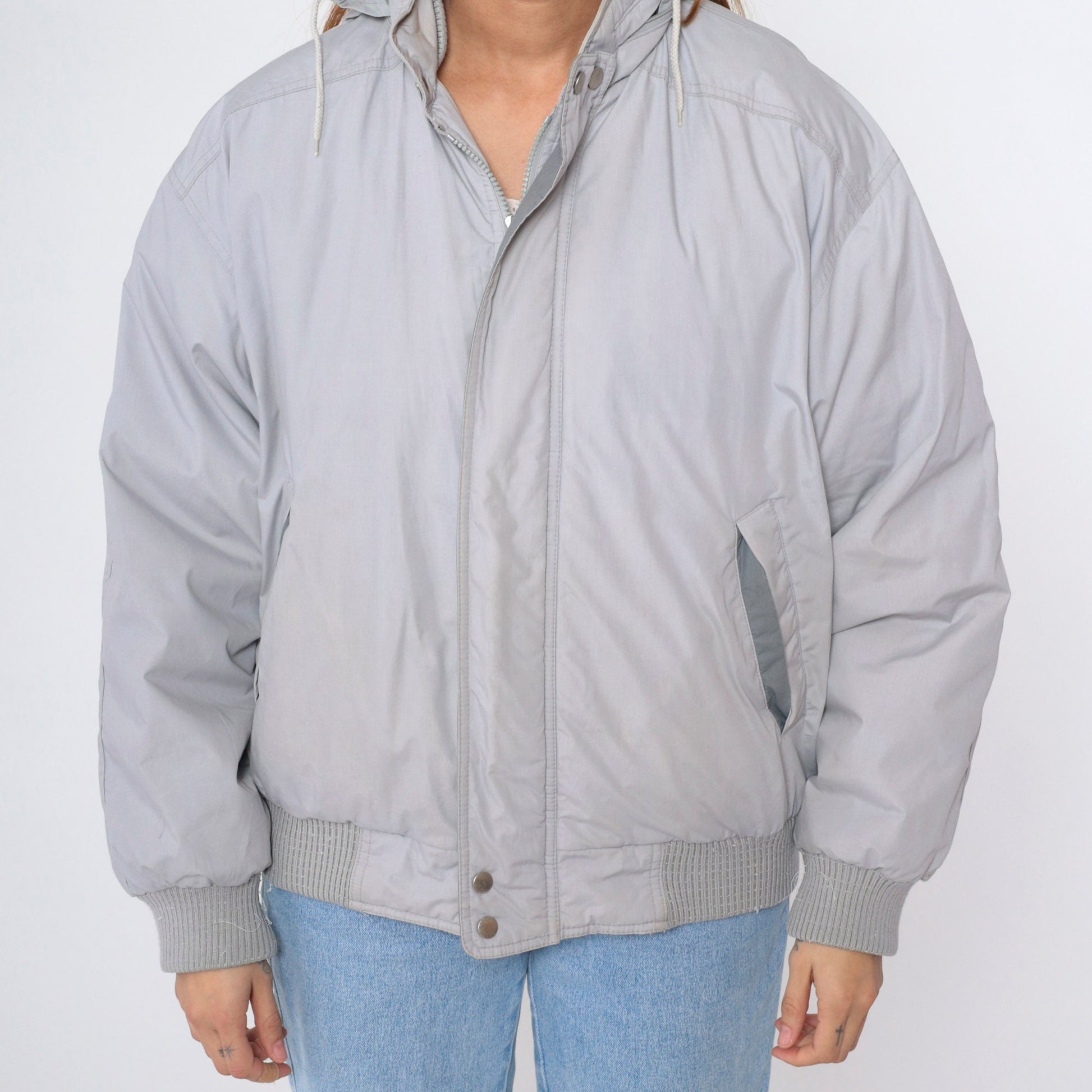 Members Only Down Jacket 80s Grey Hooded Ski Puffer Coat Medium