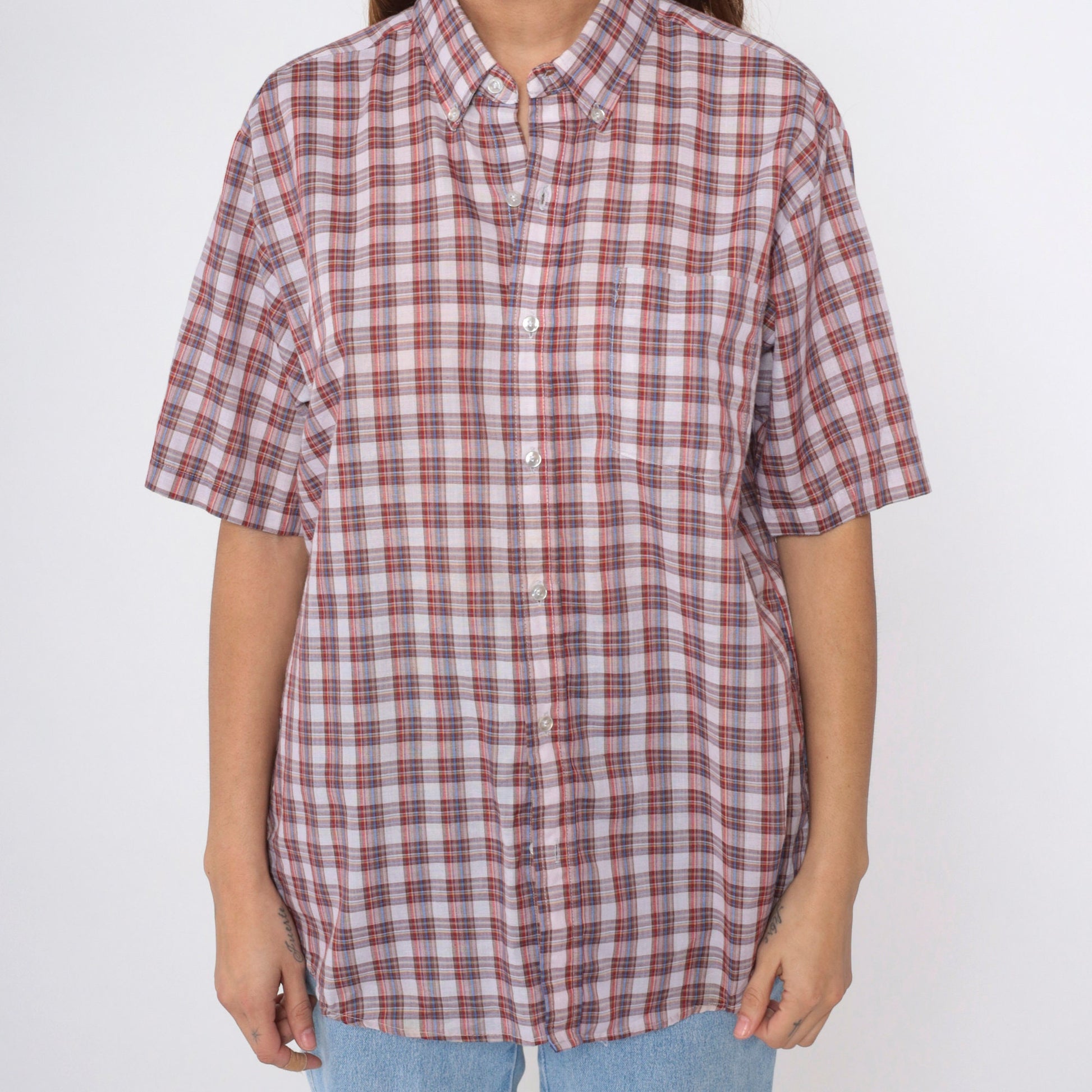 80s Grand Banks Plaid Button-Up Shirt Red White Brown Tartan Short Sleeve Large
