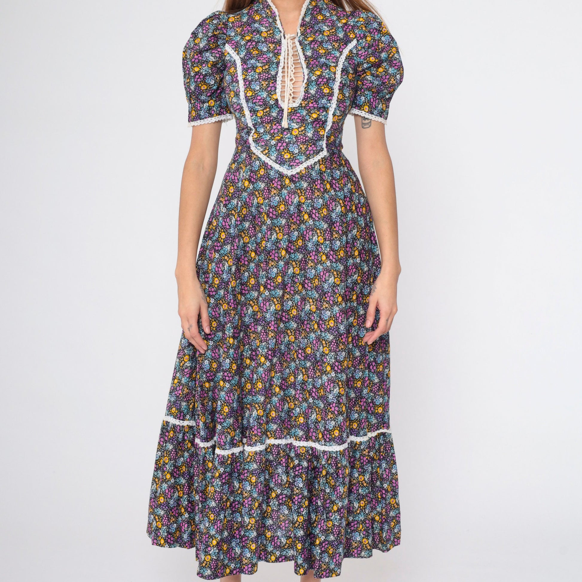 70s Calico Floral Maxi Dress Lace-Up Puff Sleeve Prairie Ankle Length XS