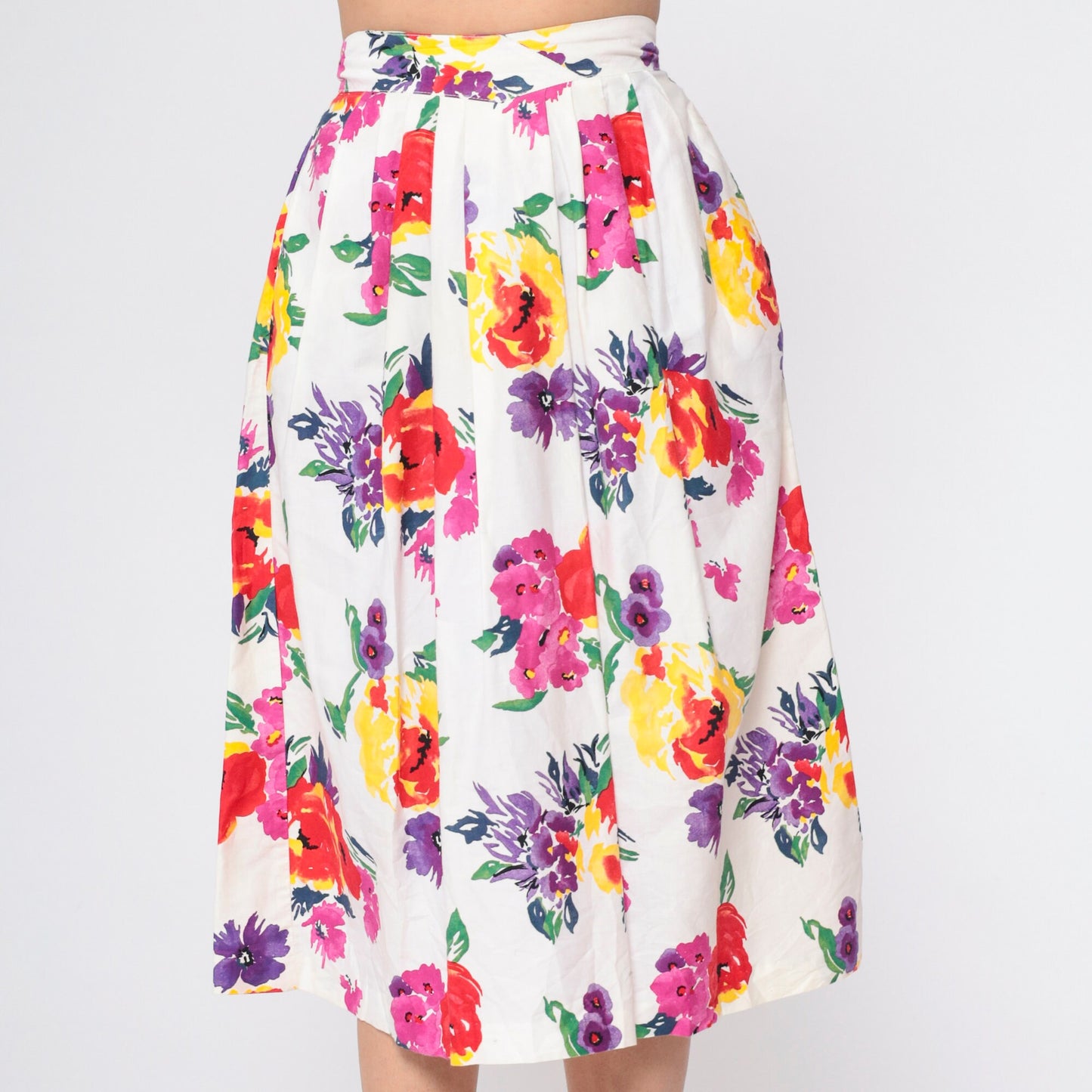 90s Worthington White Floral Pleated Midi Skirt High Waist Pockets Small