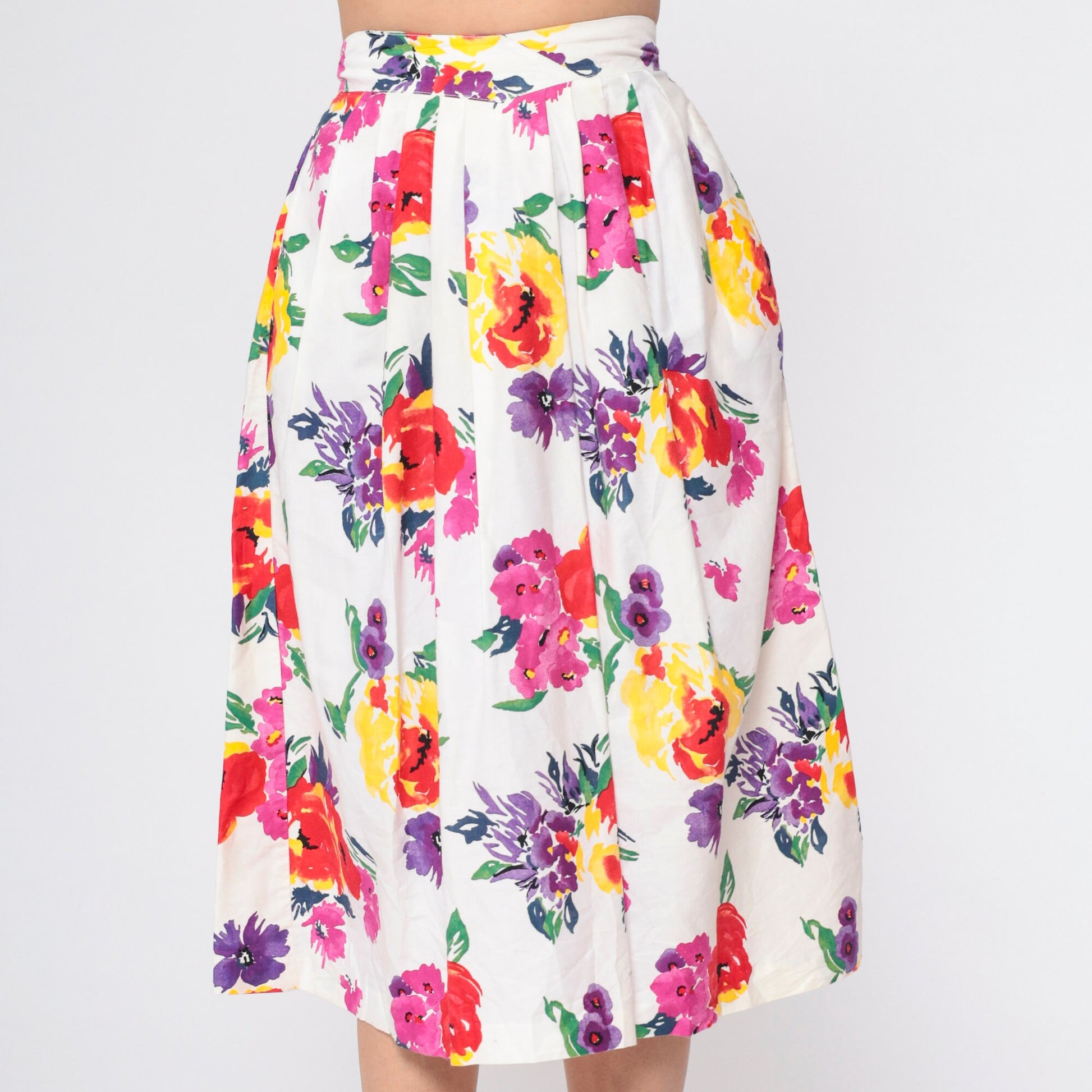 90s Worthington White Floral Pleated Midi Skirt High Waist Pockets Small