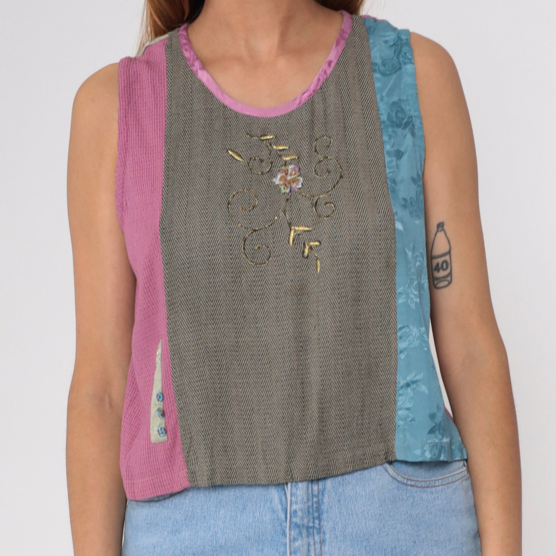 90s Faith by Celia Forrester Floral Beaded Tank Top Embroidered Medium