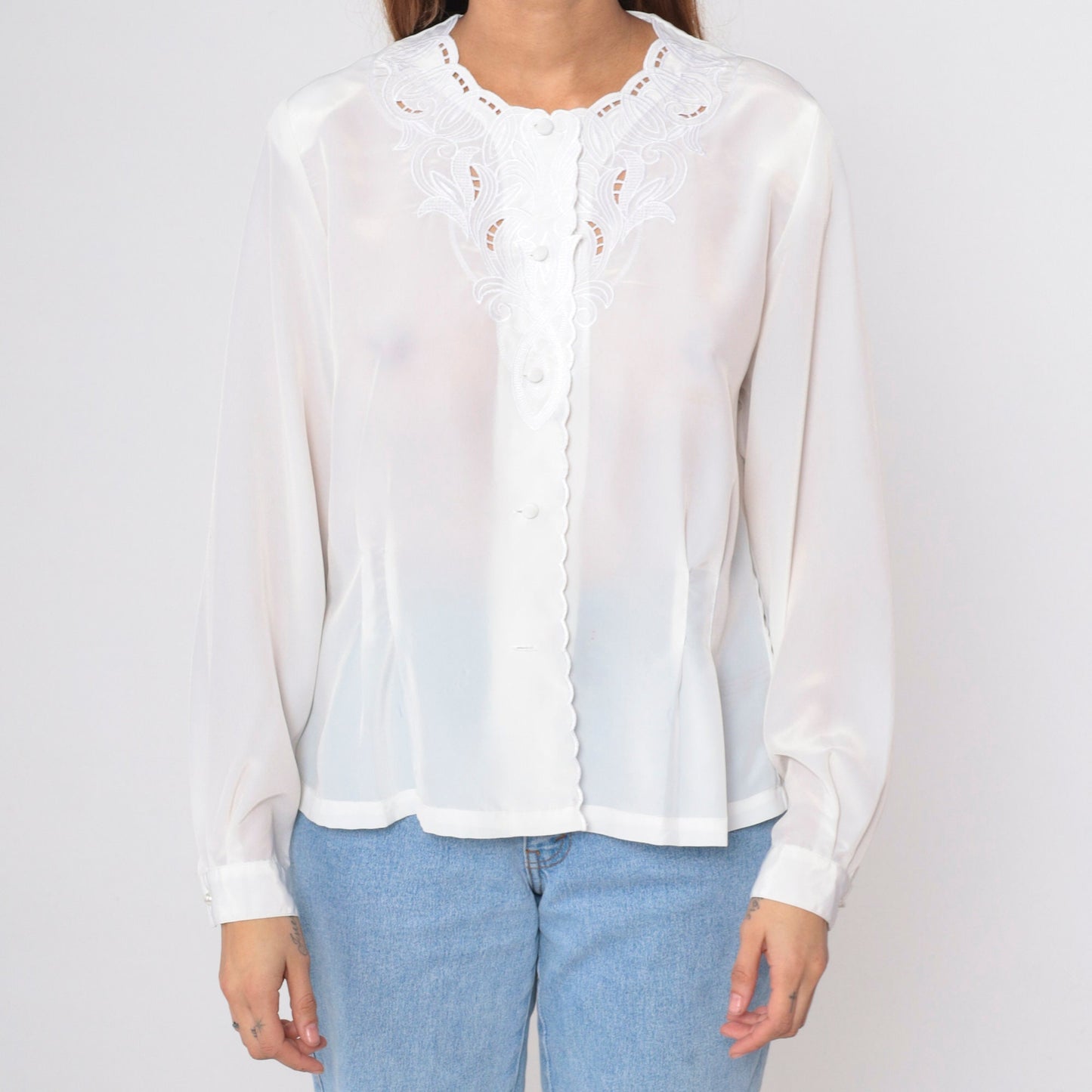 90s White Cutwork Blouse Embroidered Leaf Button Up Long Sleeve Medium