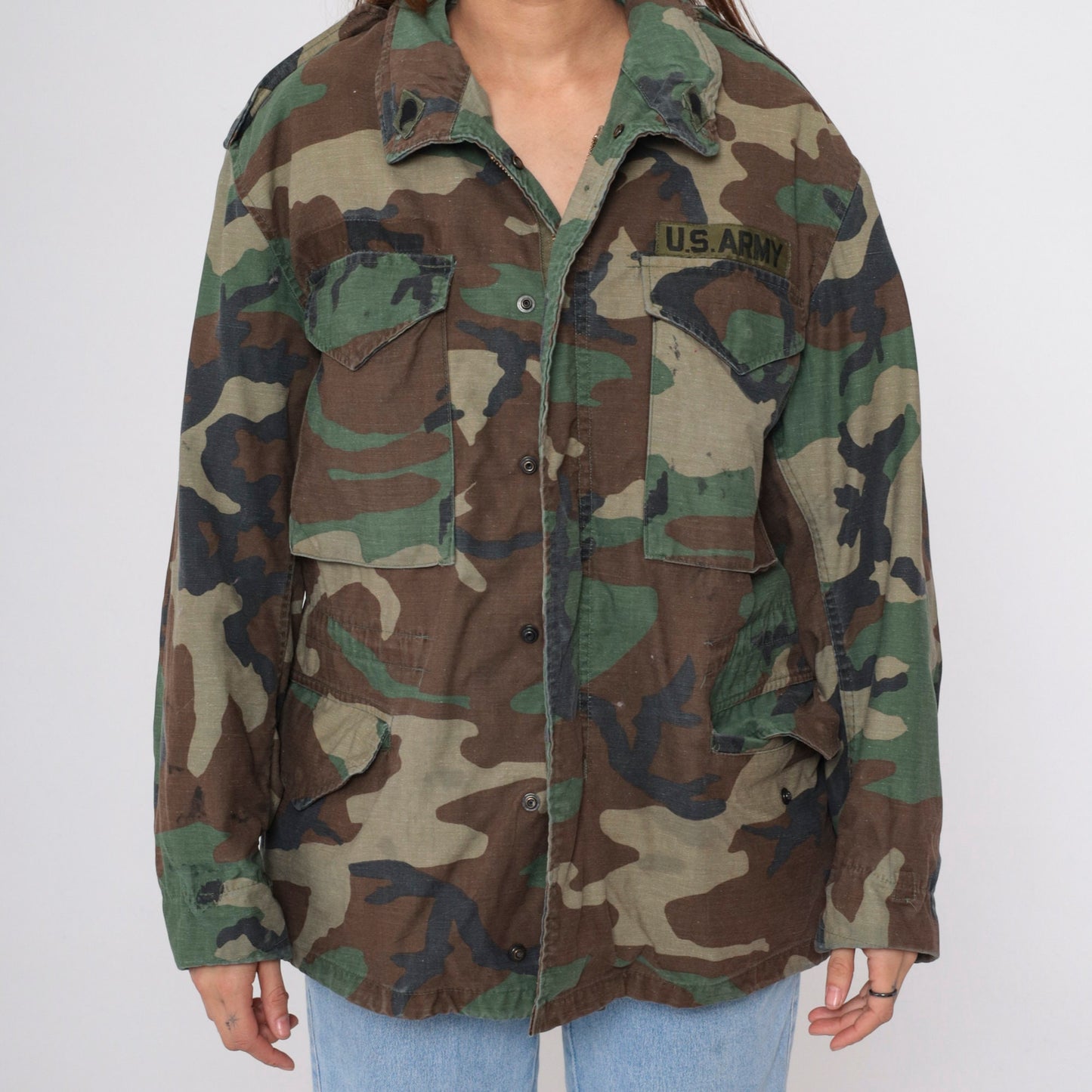 90s US Army Camouflage Field Jacket Distressed Utility Medium Short