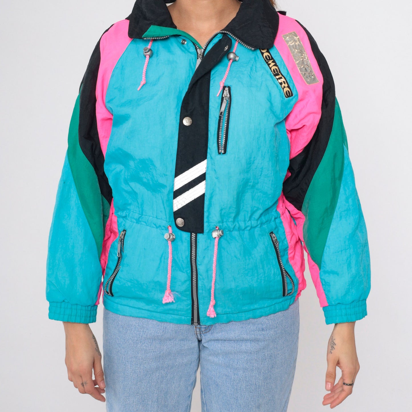 90s Demetre Ski Jacket Turquoise Hot Pink Color Block Puffer Small