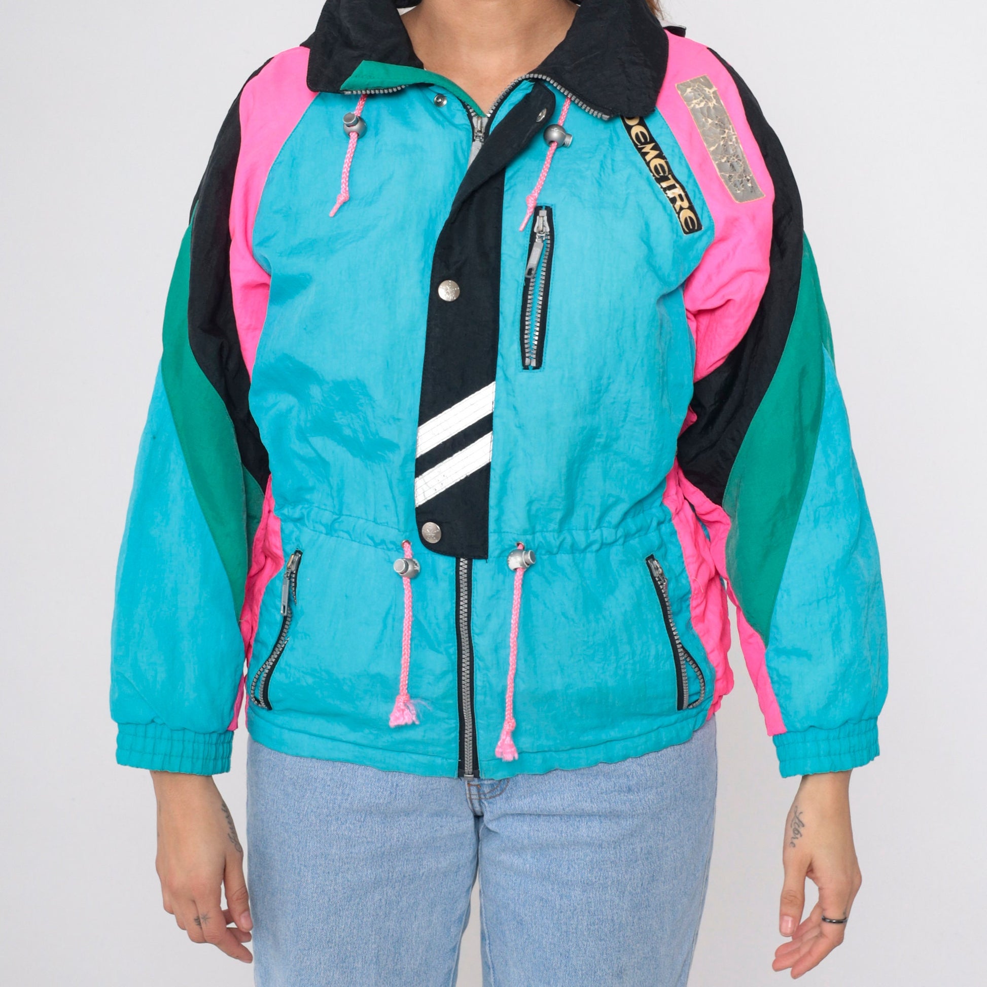 90s Demetre Ski Jacket Turquoise Hot Pink Color Block Puffer Small