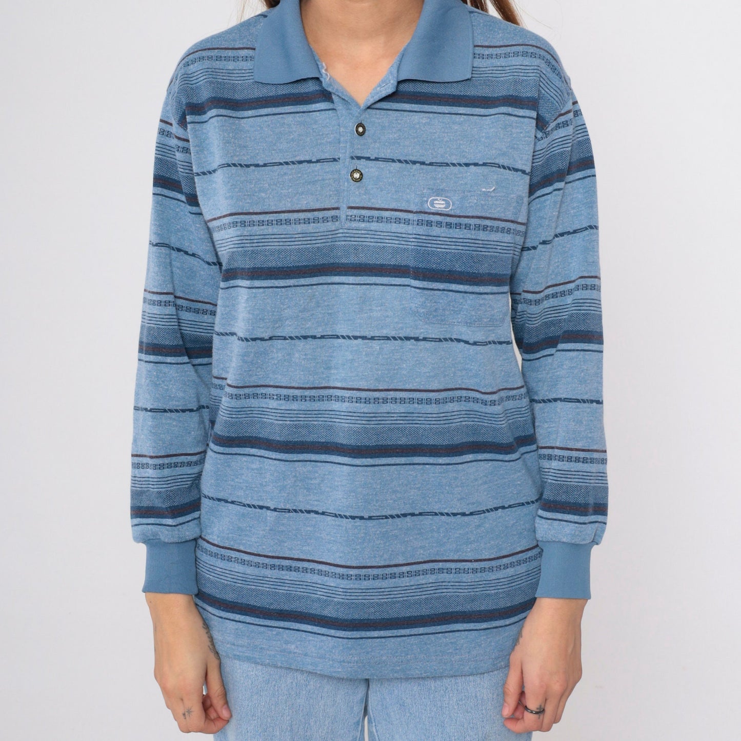 90s Blue Striped Long Sleeve Polo Shirt Men's Small