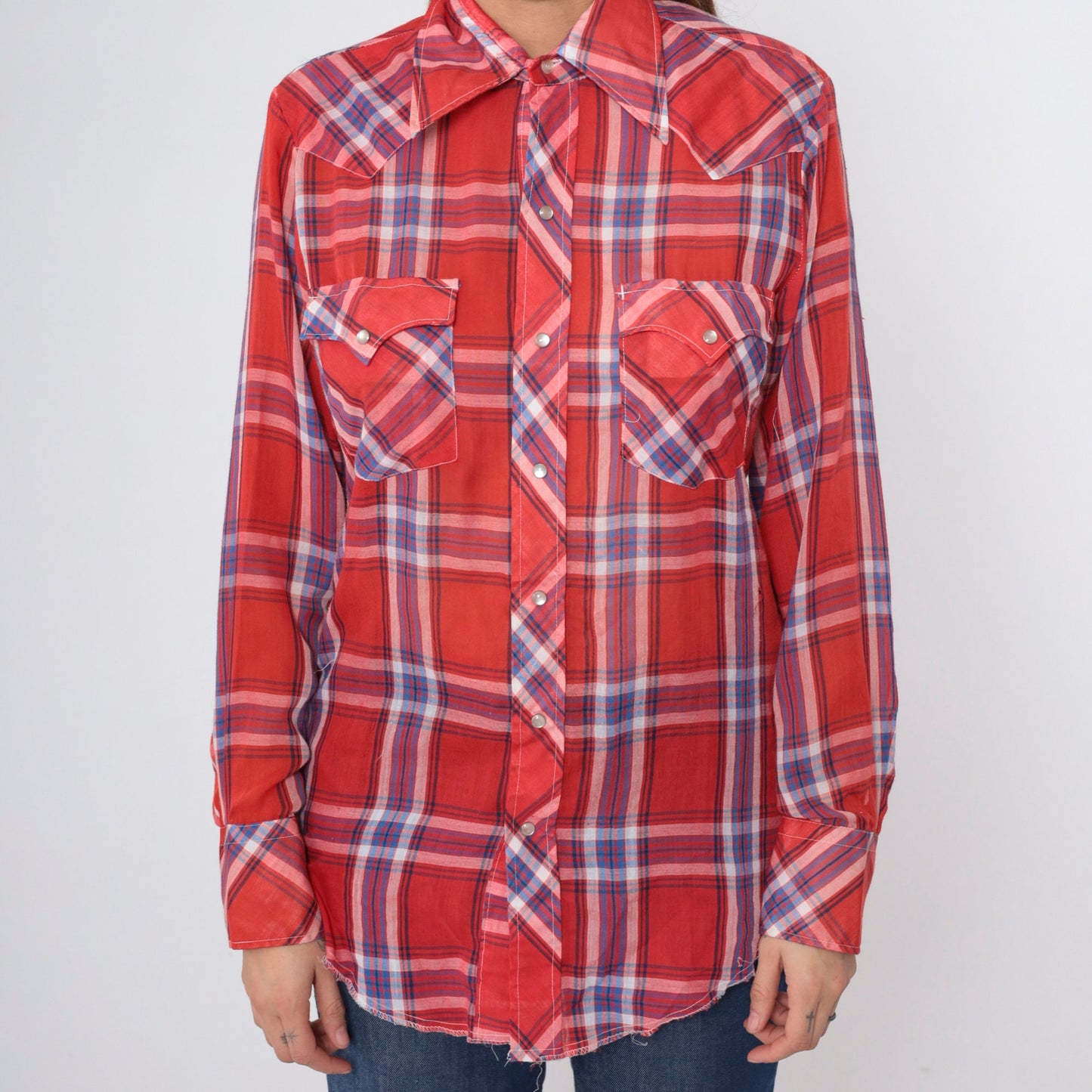 70s Red Plaid Western Shirt Pearl Snap Button Up Long Sleeve Medium