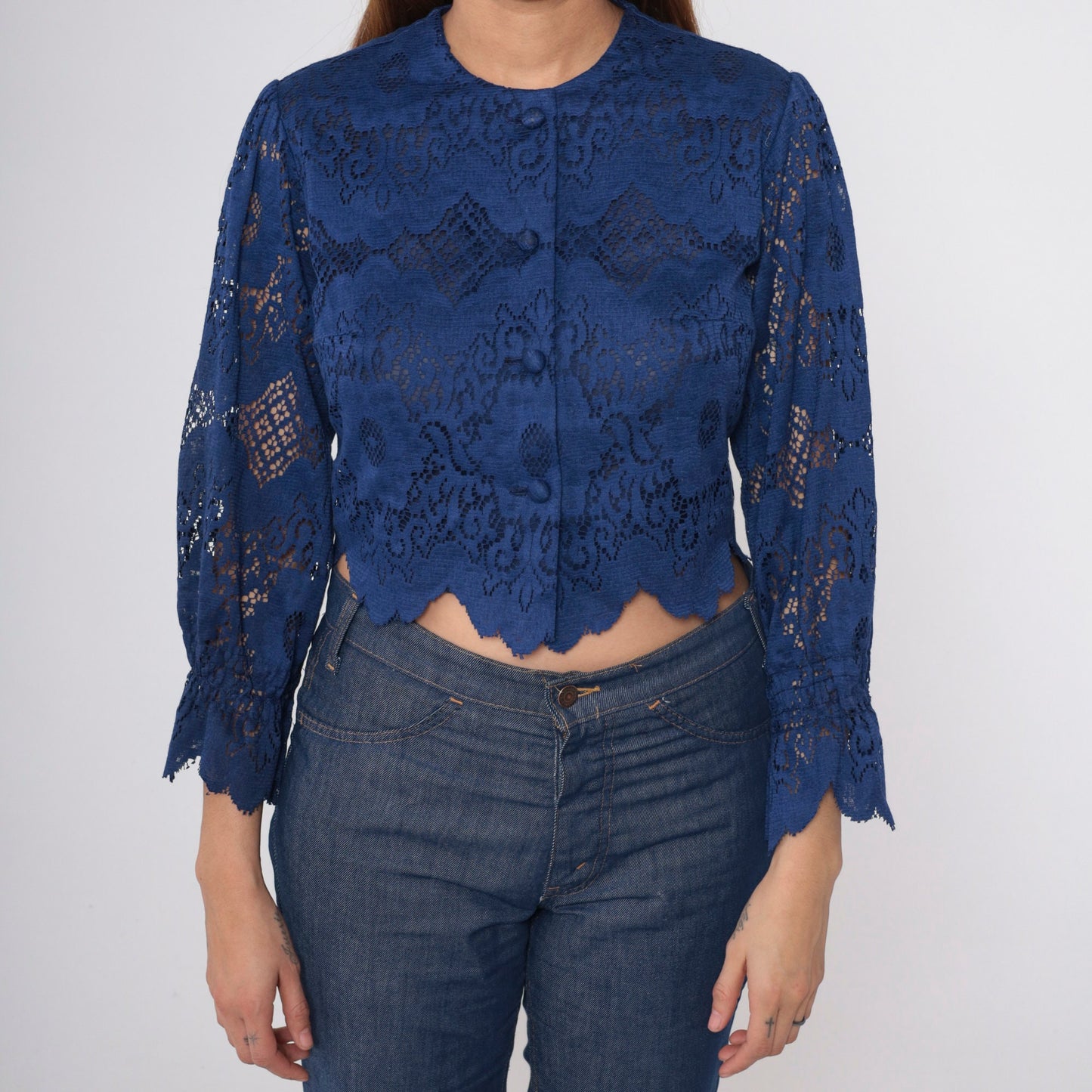 70s Dark Blue Lace Blouse Puff Sleeve Button-Up Crop Top Scalloped Small Medium