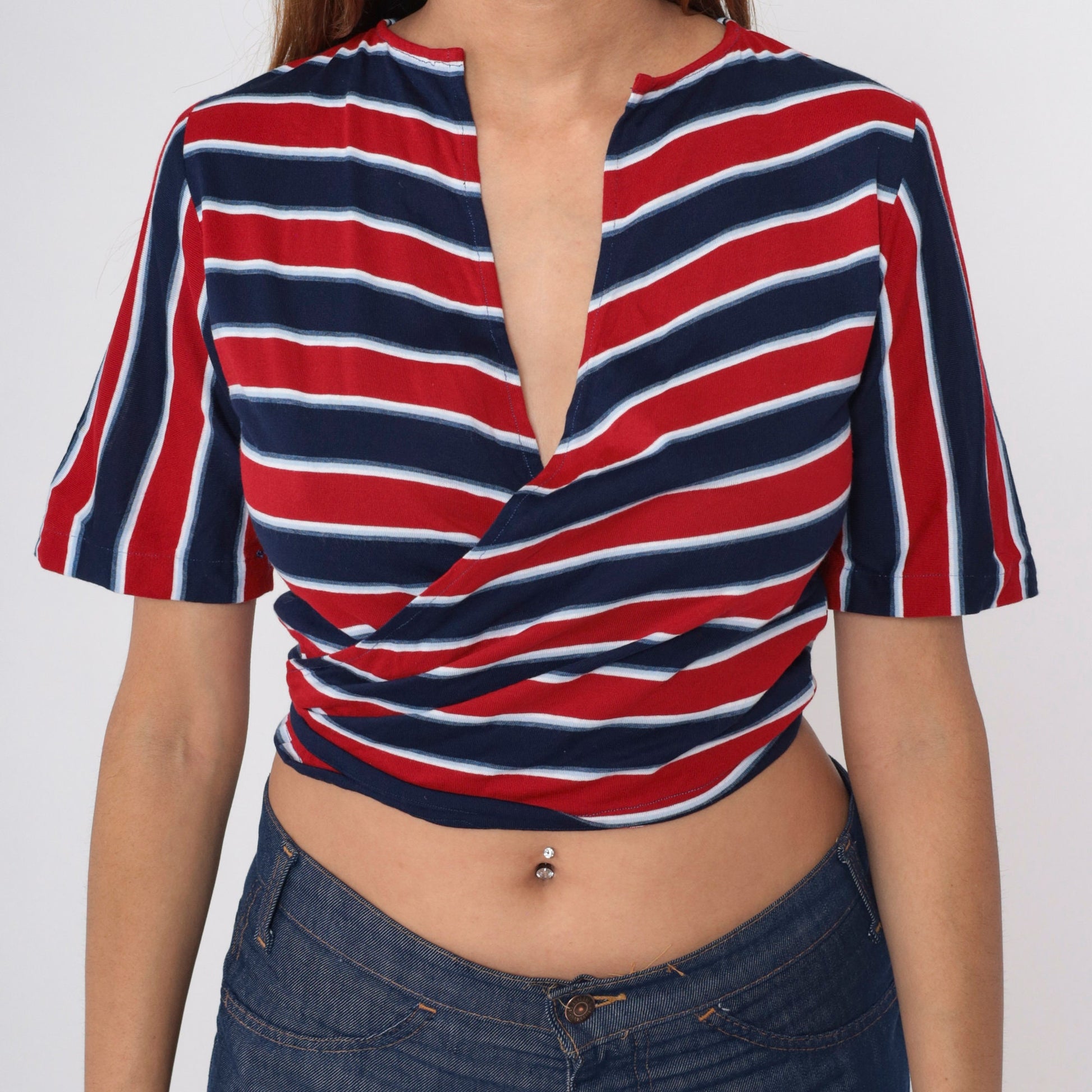 70s Red White Blue Striped Wrap Crop Top Short Sleeve V-Neck Medium Large