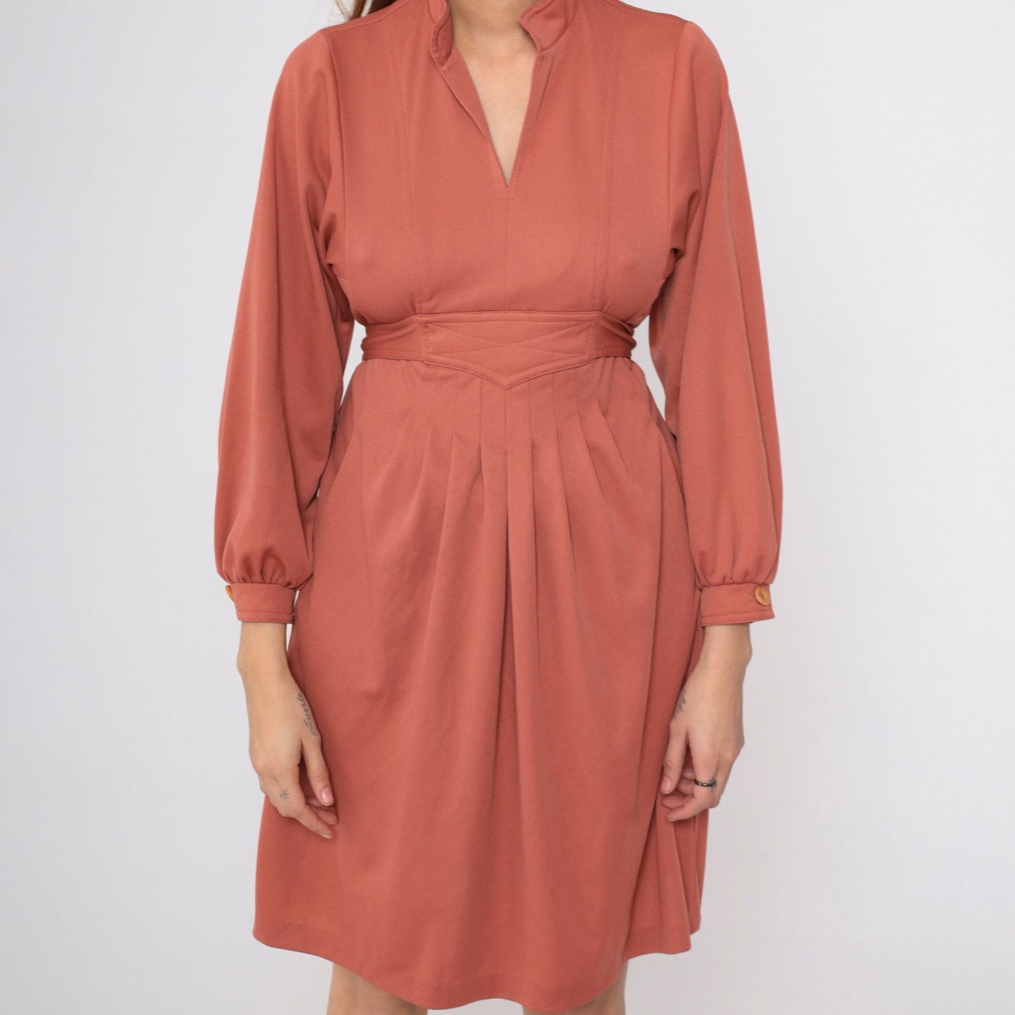 70s Terra Cotta Empire Waist Mini Dress Mandarin Collar Long Sleeve Small