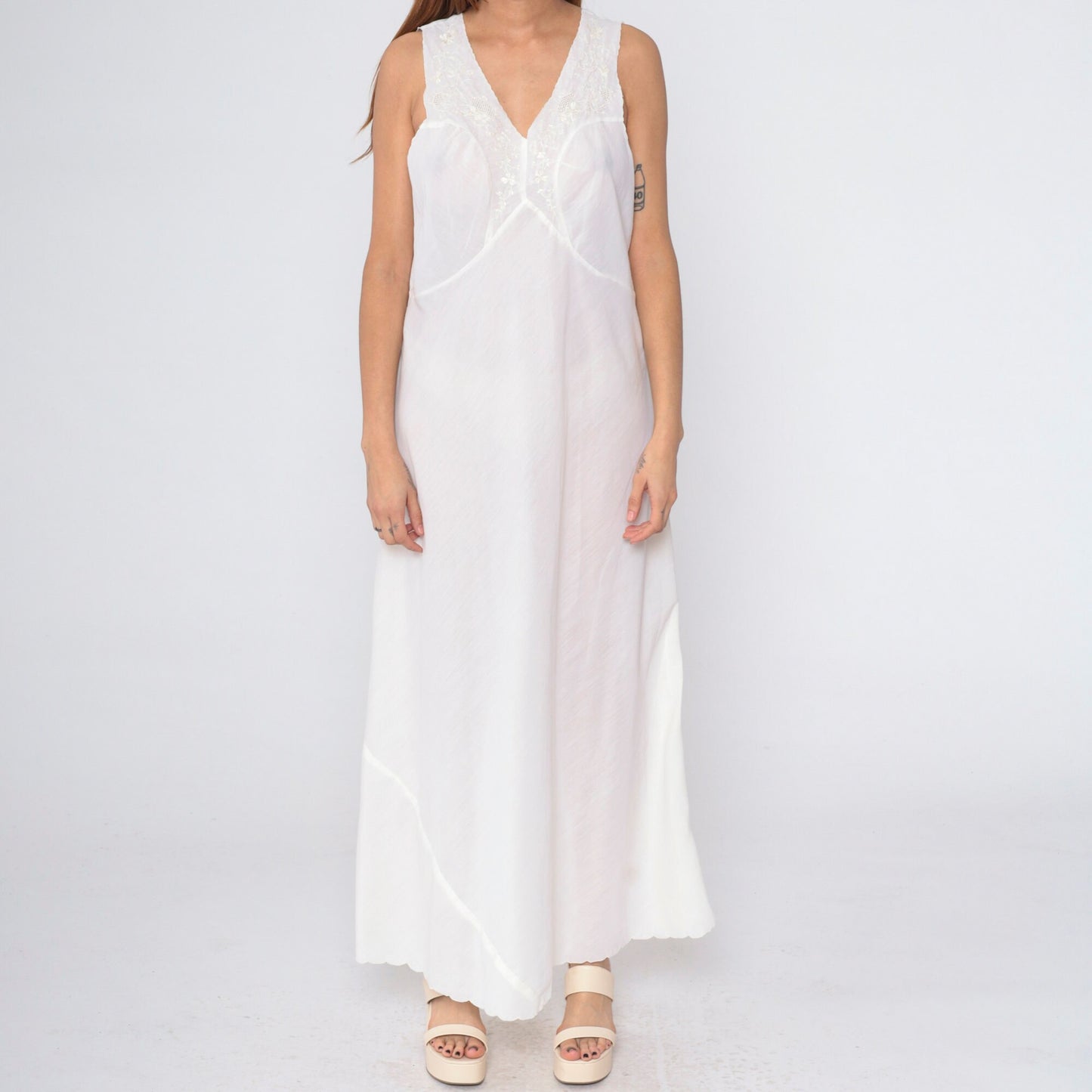 70s Lily White Floral Embroidered Cutout Slip Dress Maxi Nightgown Medium