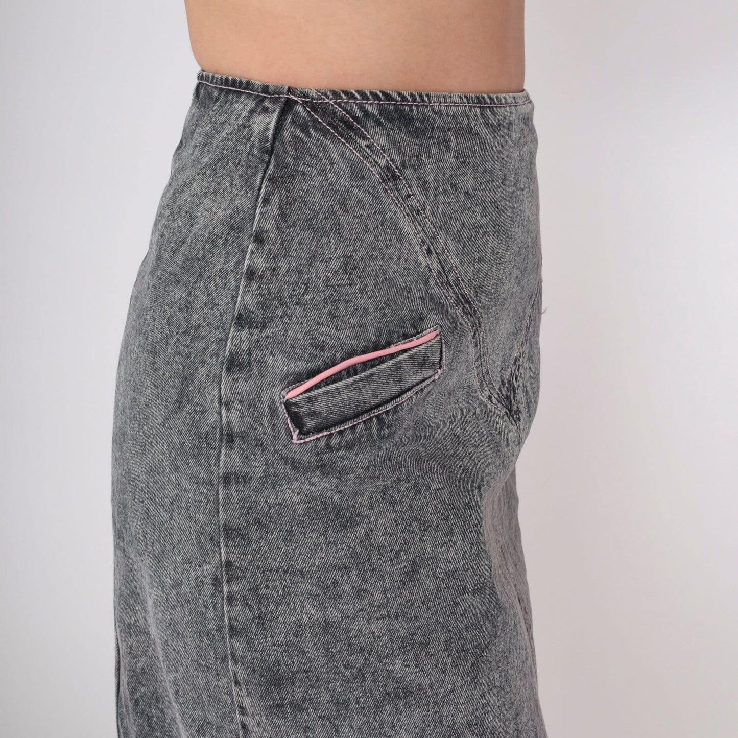 90s Acid Wash Denim Mini Skirt Grey Pink Lace Up High Waist Extra Small