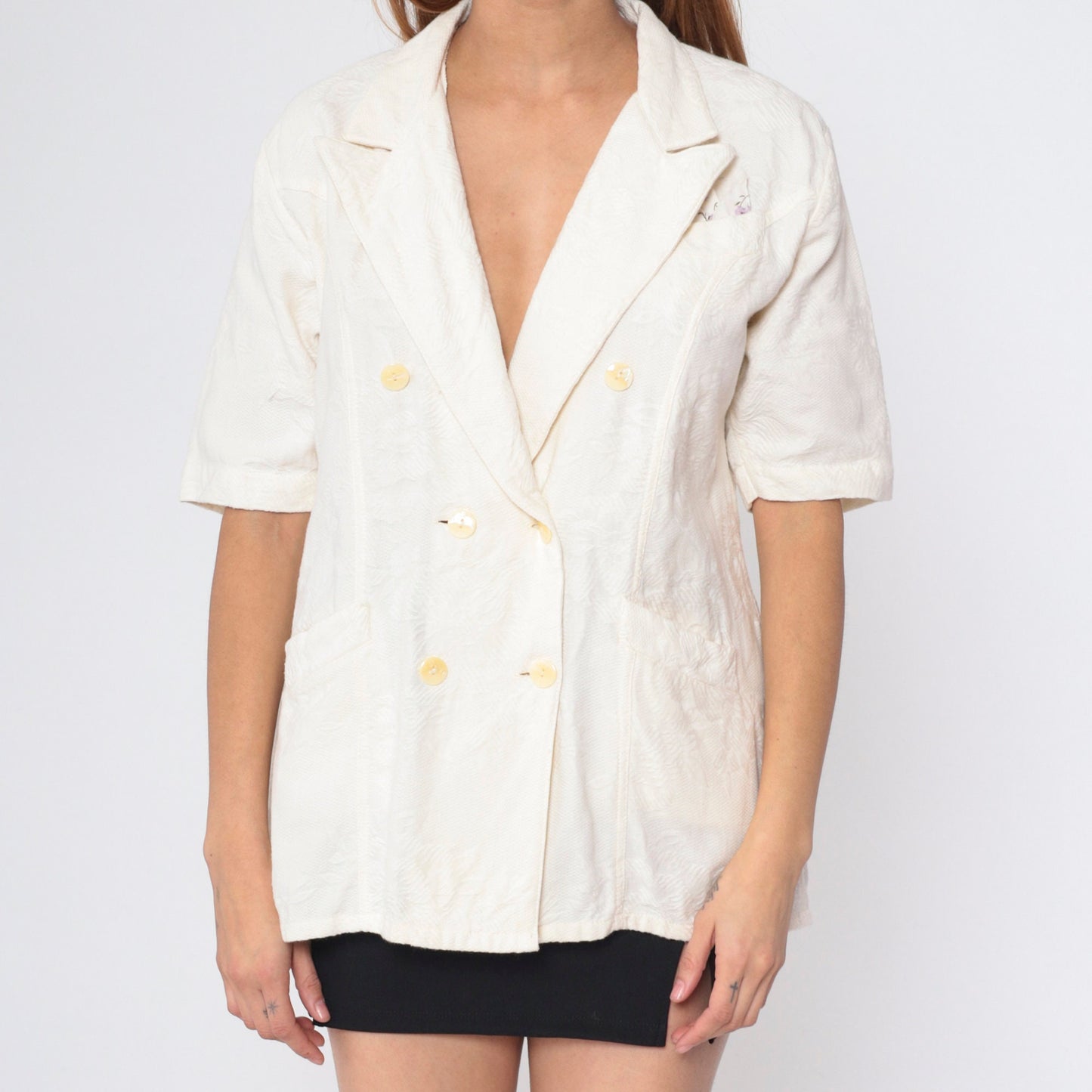 90s Cream Floral Embossed Double Breasted Button Up Blouse Short Sleeve Large