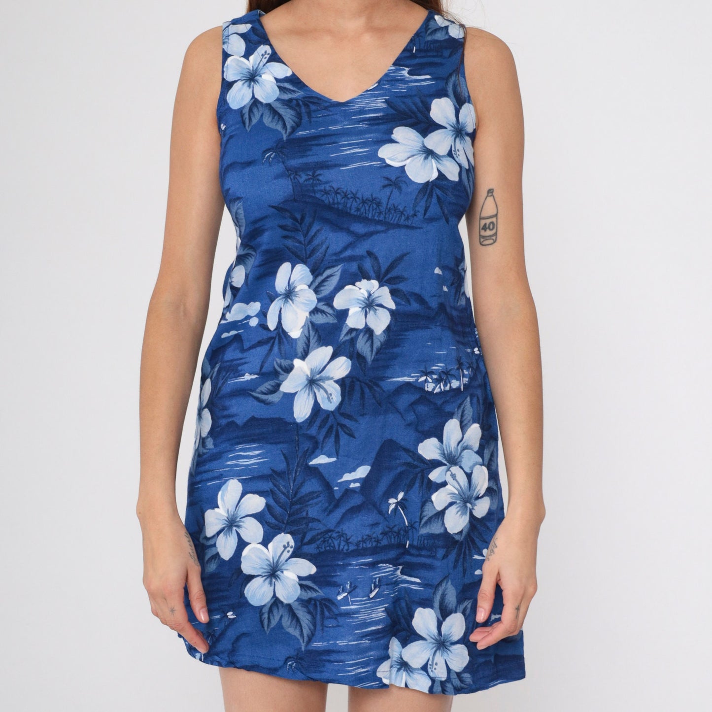00s Peppermint Bay Hawaiian Tropical Mini Dress Blue Floral Palm Tree Extra Small