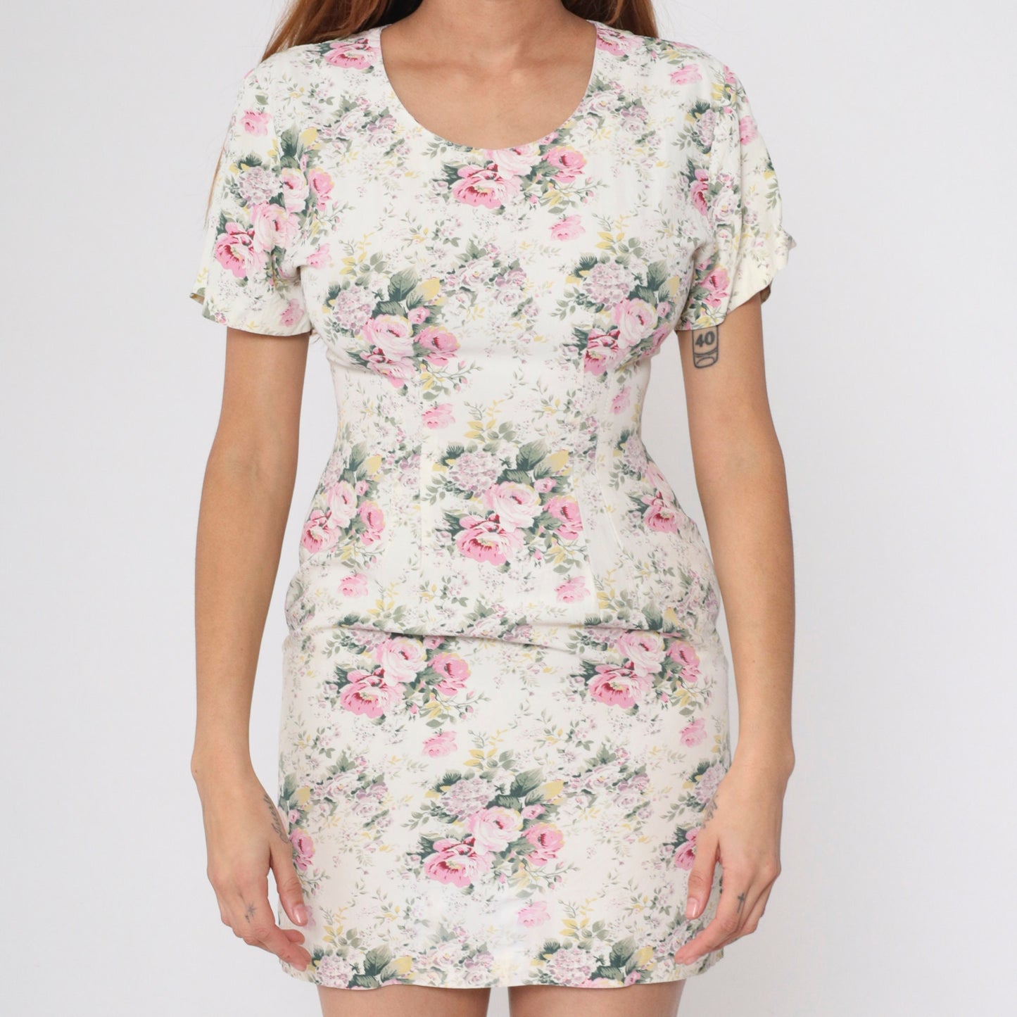 90s Cream Floral Mini Dress Rose Print Short Sleeve Pencil Extra Small XS