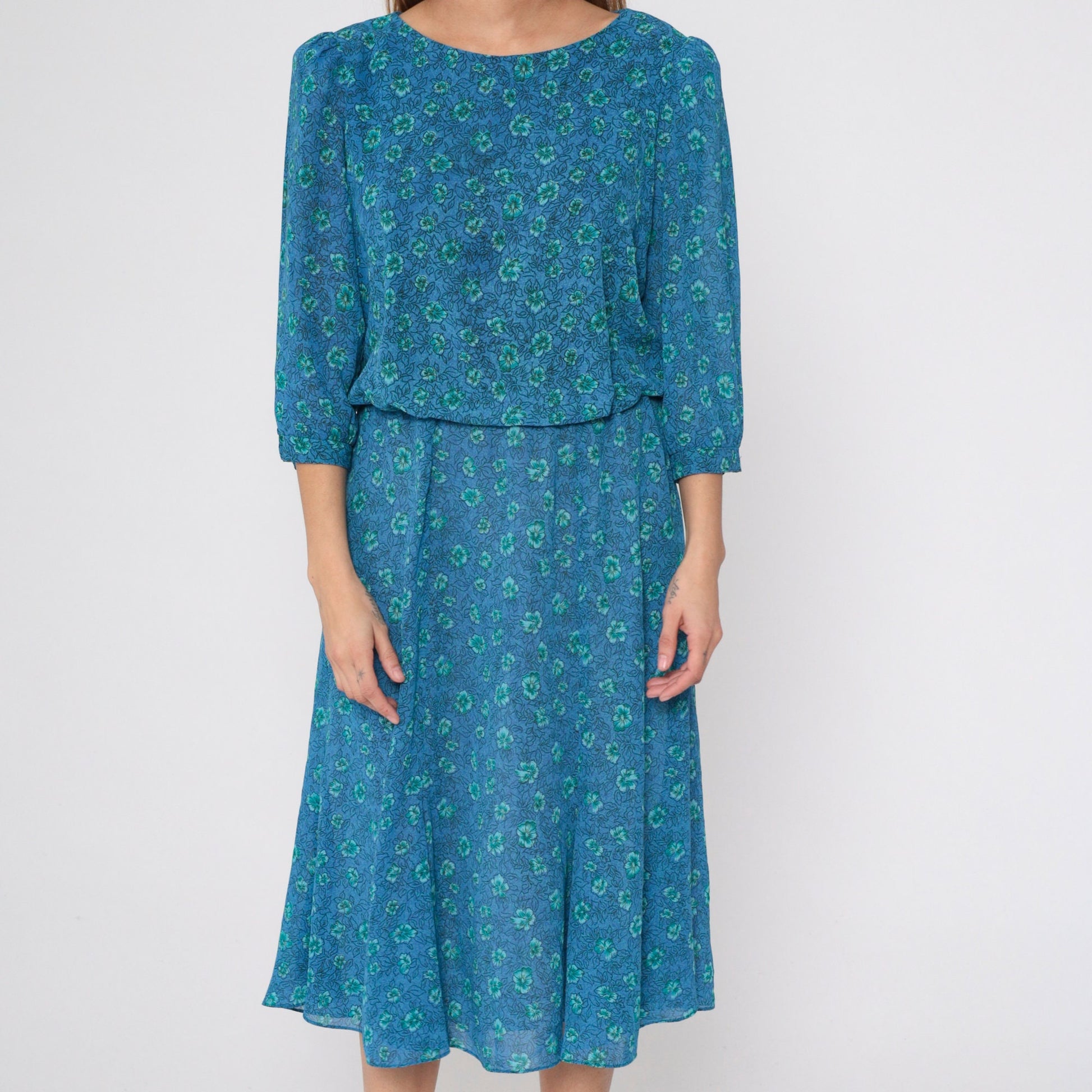 90s Blue Floral Midi Dress Puff Sleeve High Waist Blouson Medium M