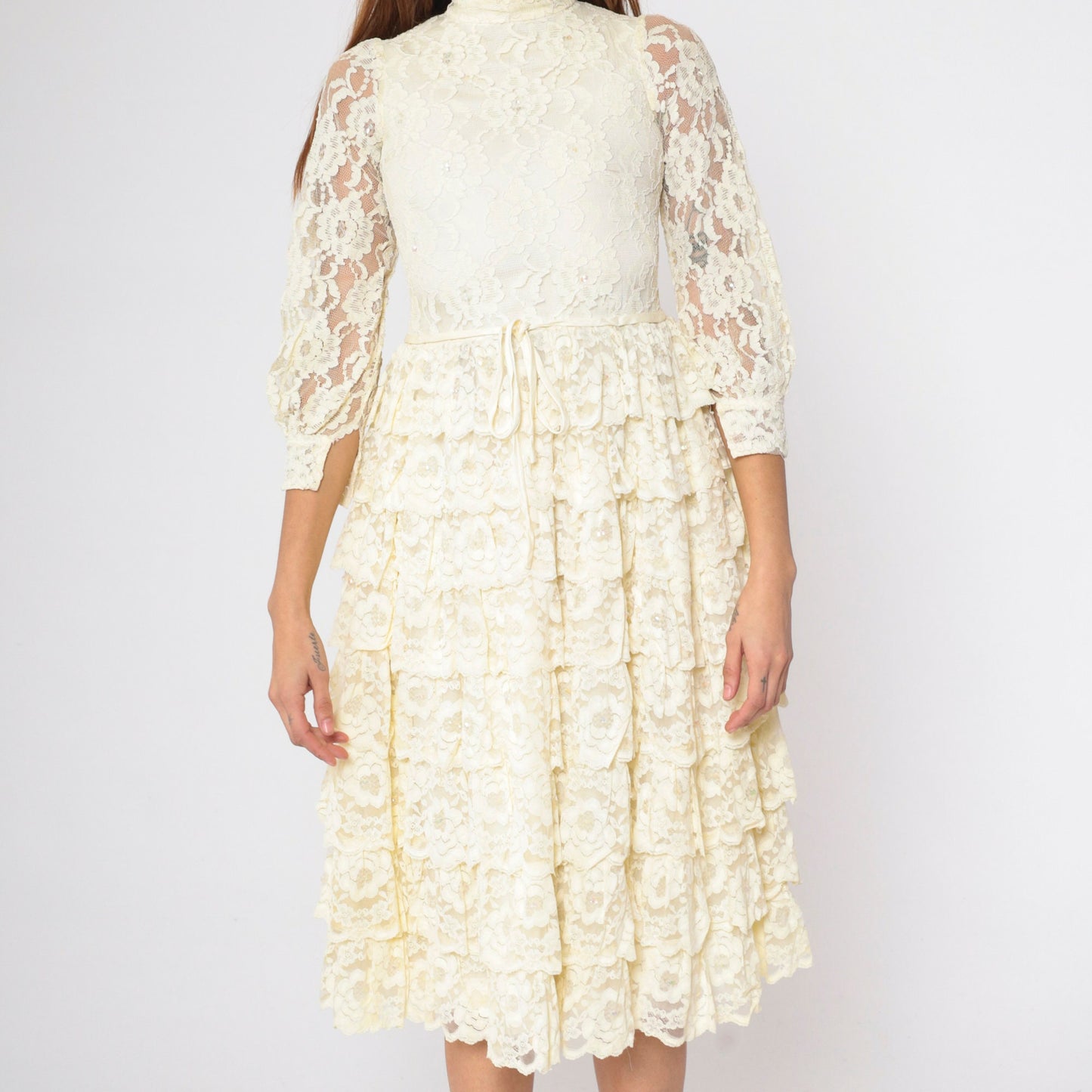 1960s Cream Floral Lace Midi Dress Puff Sleeve High Waist Tiered Ruffle XXS