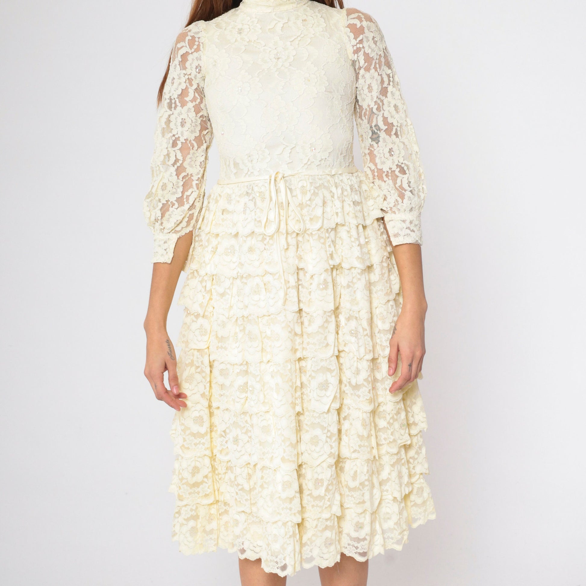 1960s Cream Floral Lace Midi Dress Puff Sleeve High Waist Tiered Ruffle XXS