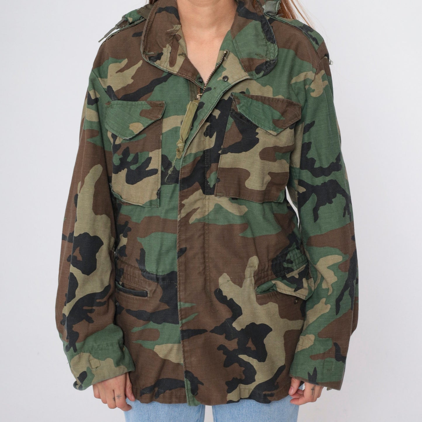 90s Military Camouflage Hooded Jacket Green Cargo Zip Snap Small