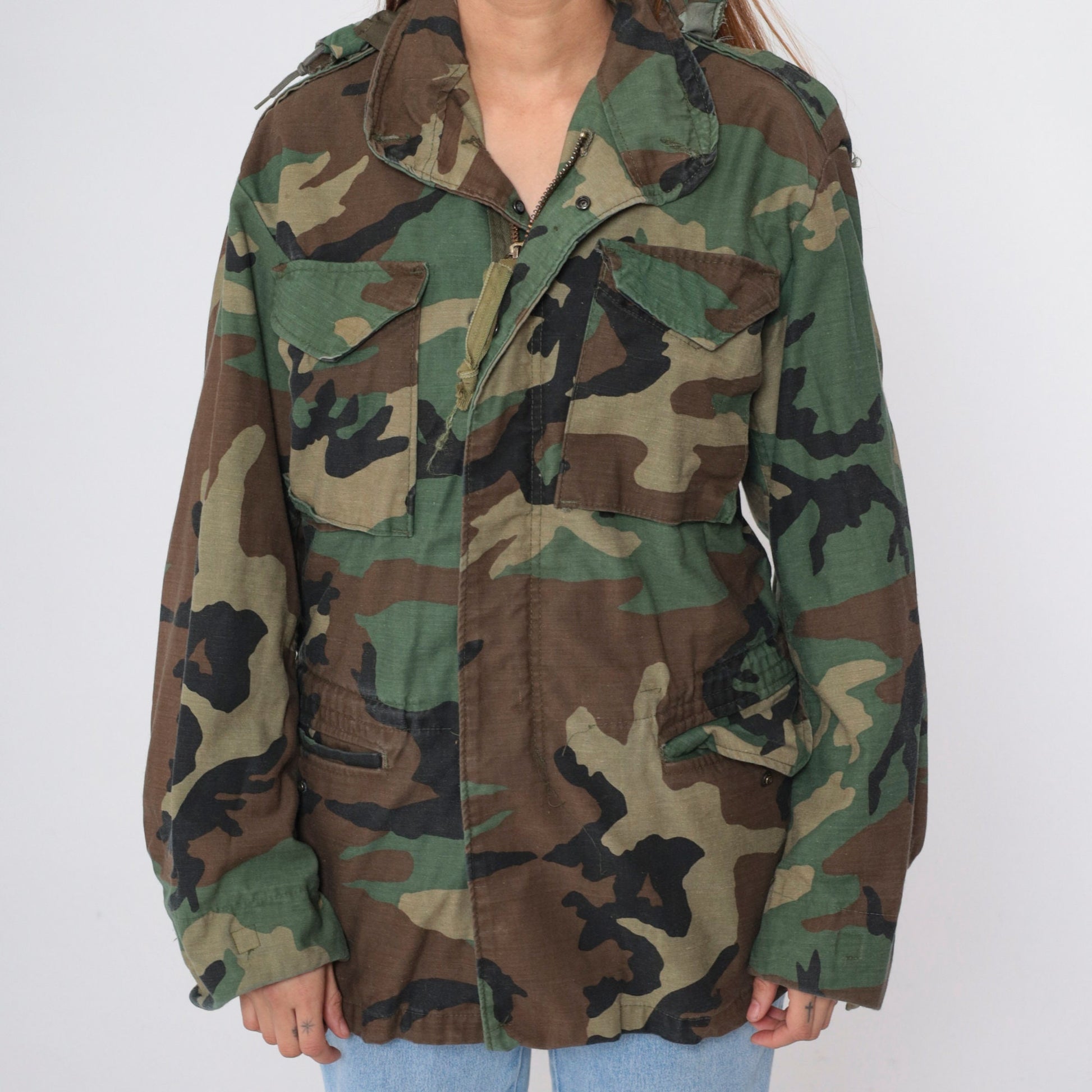90s Military Camouflage Hooded Jacket Green Cargo Zip Snap Small