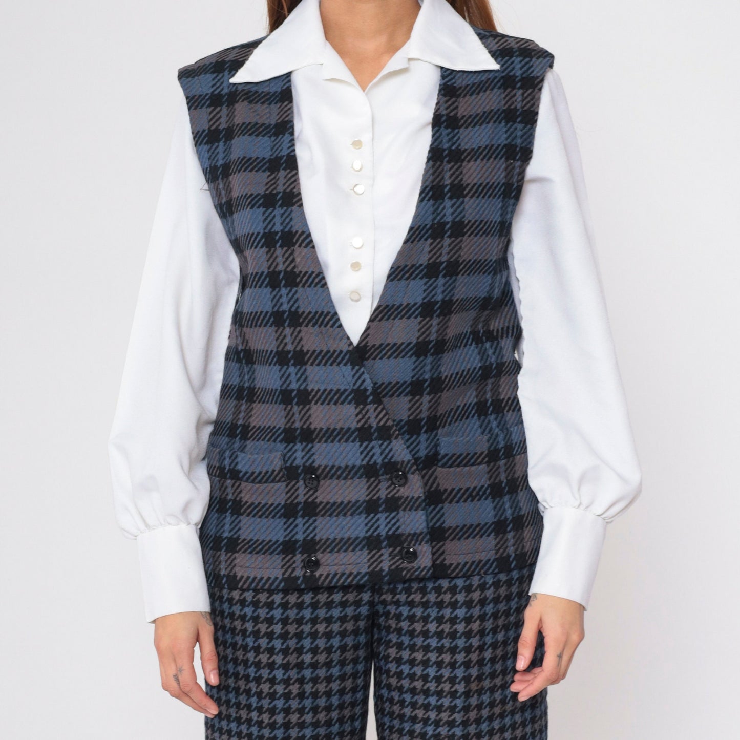 80s Bill Blass Plaid Wool Vest Double Breasted Blue Grey Small