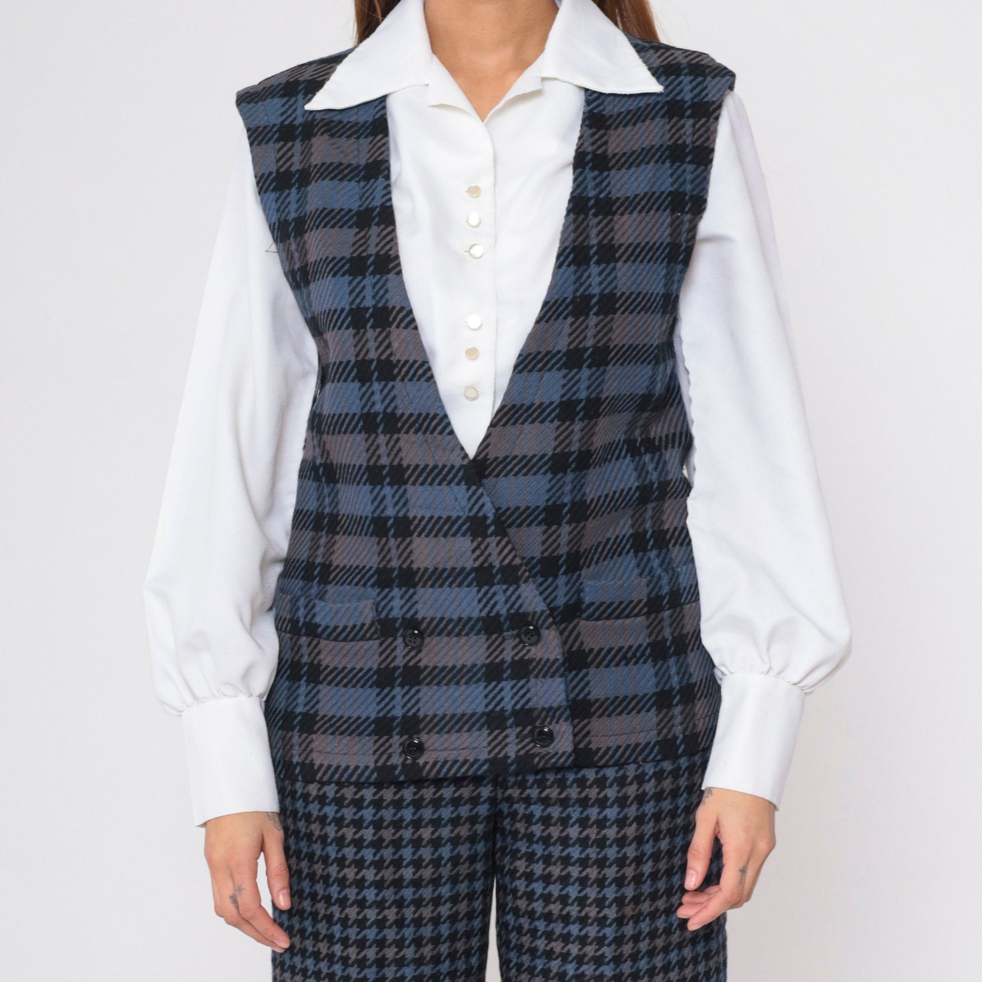 80s Bill Blass Plaid Wool Vest Double Breasted Blue Grey Small