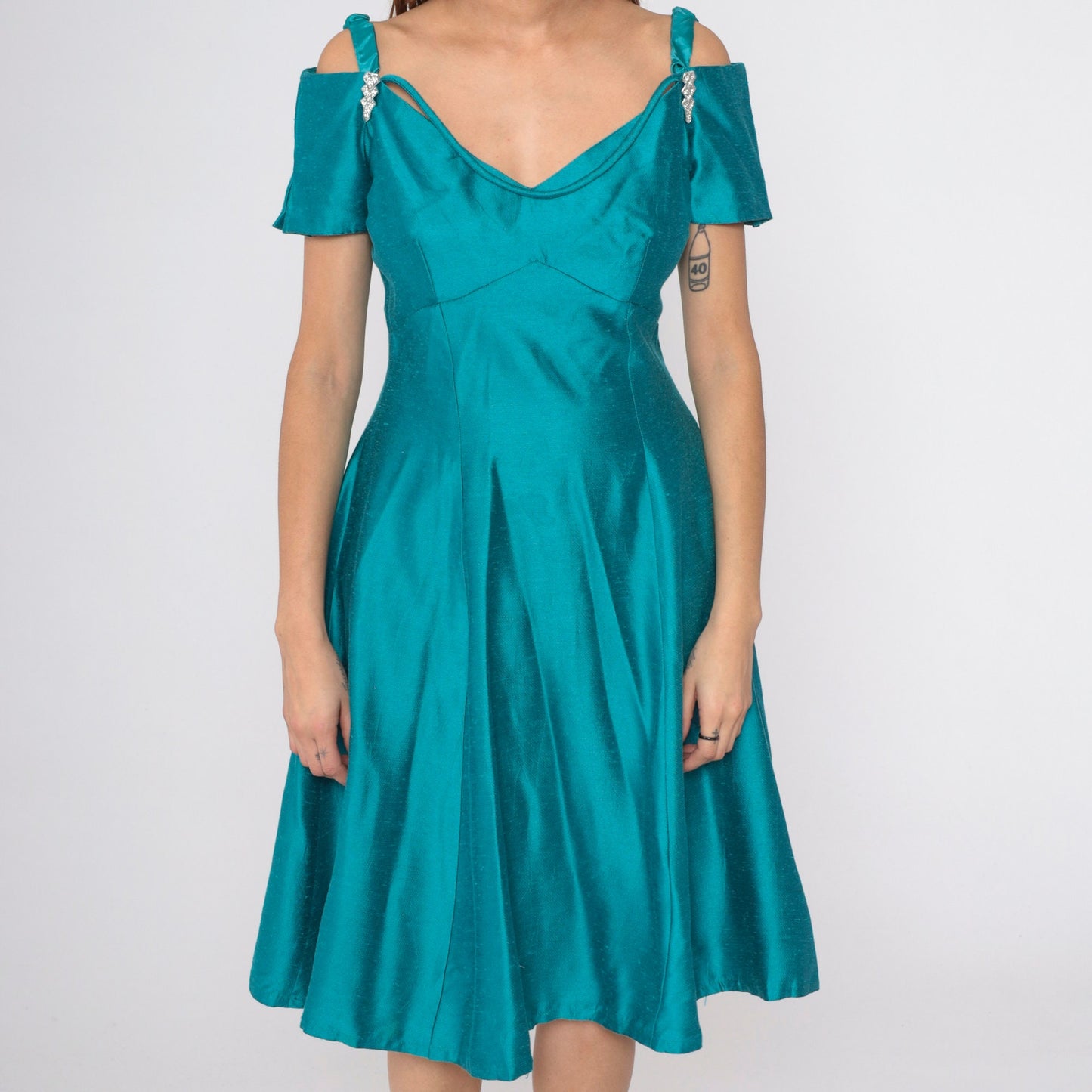 80s Teal Off-Shoulder Midi Dress Rhinestone A-Line Empire Waist Small