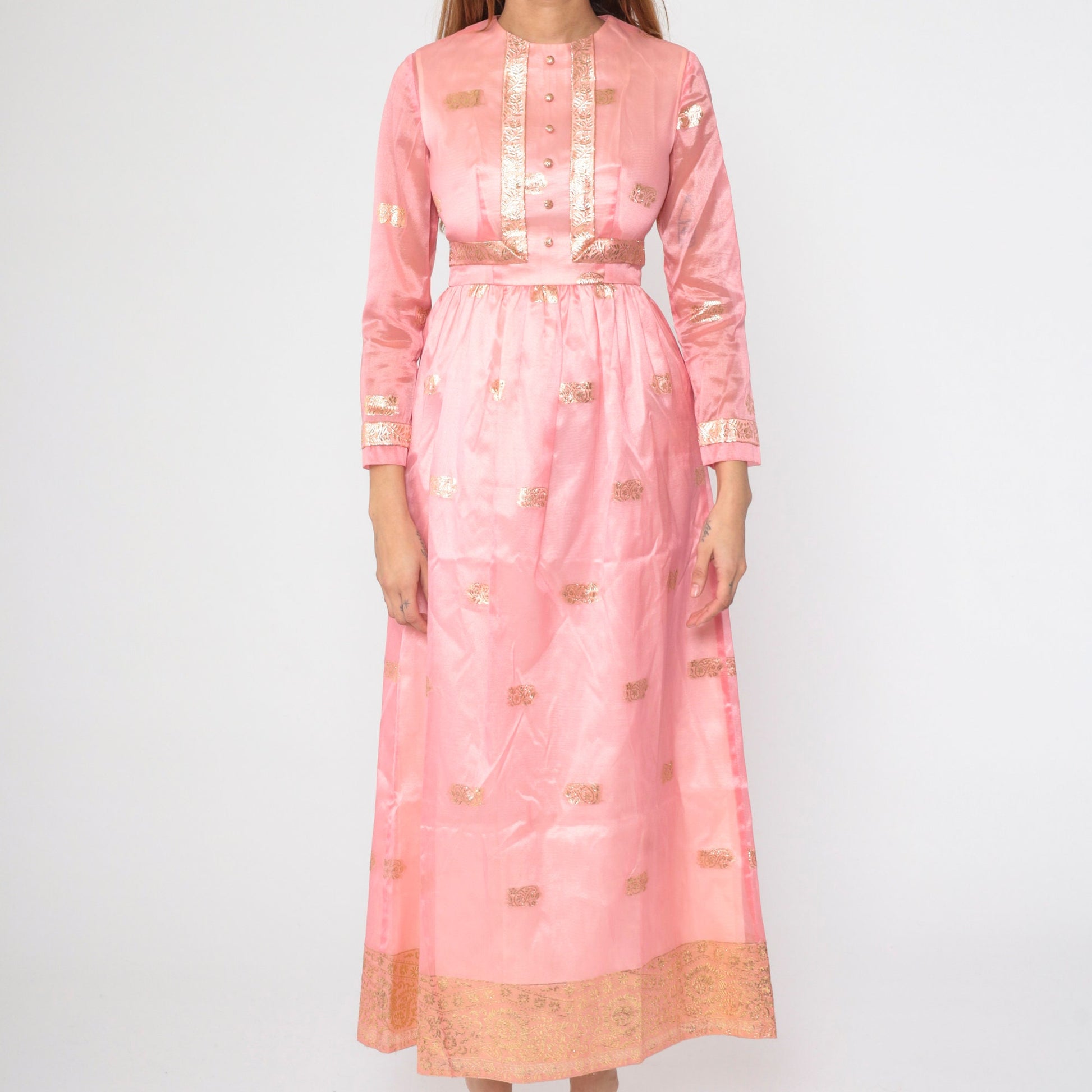 60s Pink Organza Maxi Dress Gold Embroidered Floral Paisley Long Sleeve Small