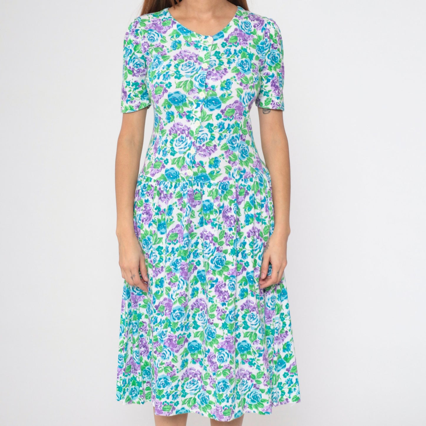 80s Floral Midi Dress Nordstrom Point of View Puff Sleeve Drop Waist Cotton Small