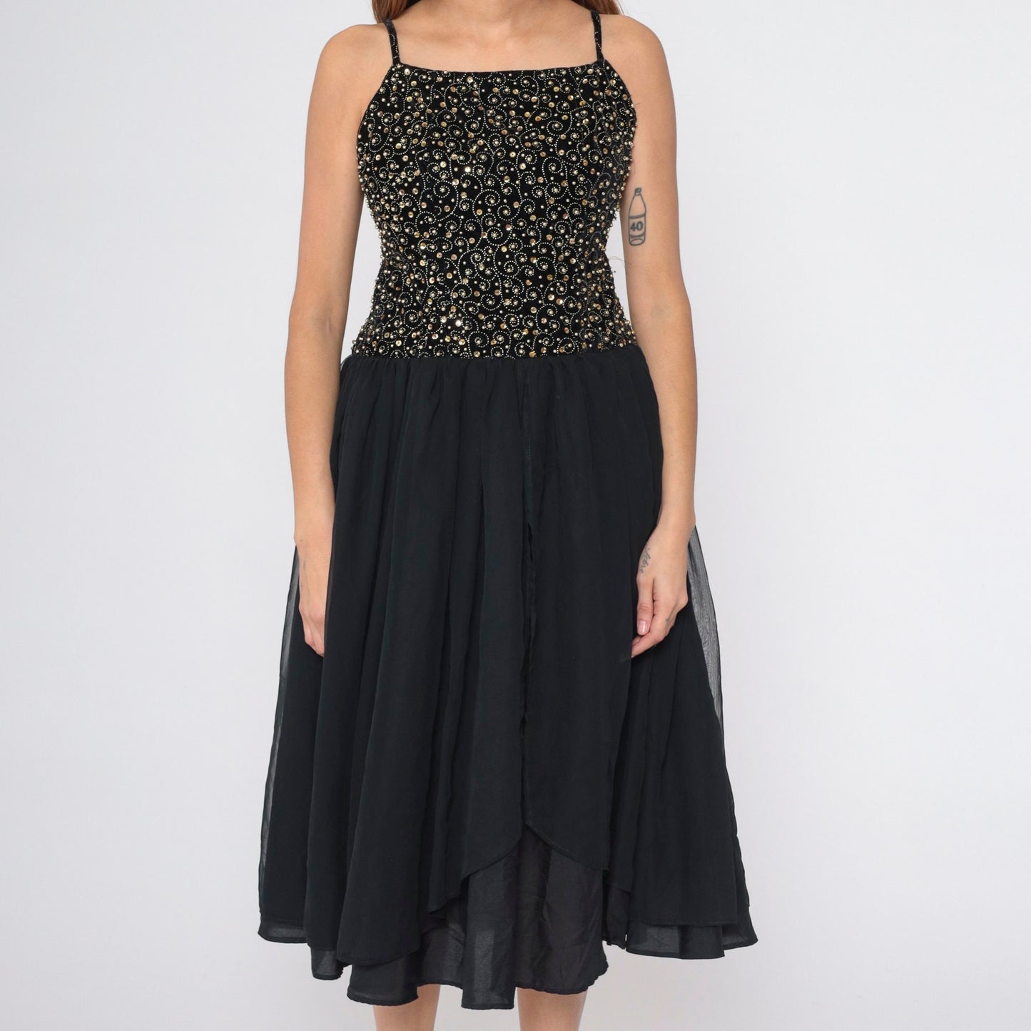 80s Black Velvet Beaded Chiffon Midi Dress Gold Sequins Spaghetti Strap Small