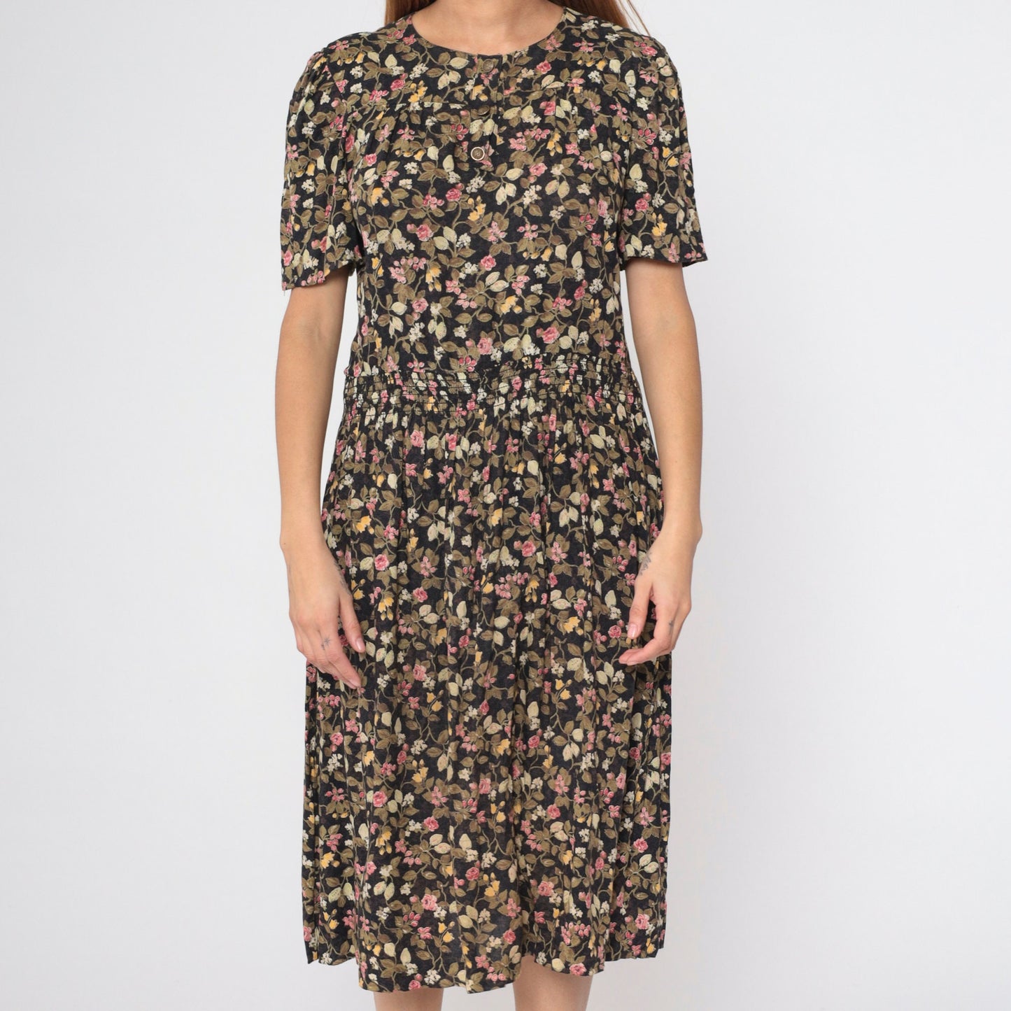80s Floral Button-Up Midi Dress Black Olive Pink Puff Sleeve Smocked Small