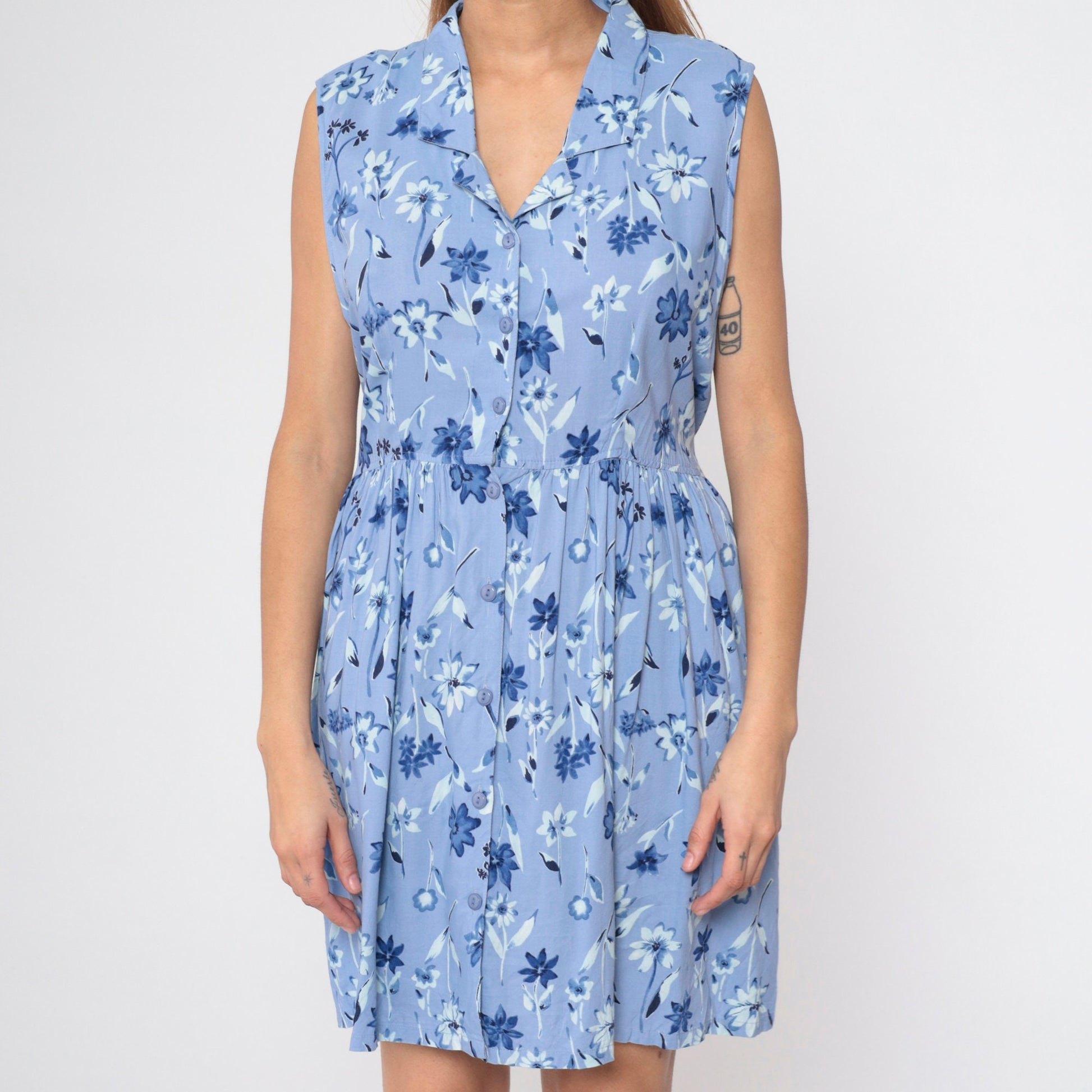 90s Blue Floral Button-Up Mini Dress Sleeveless Collared A-Line Large L