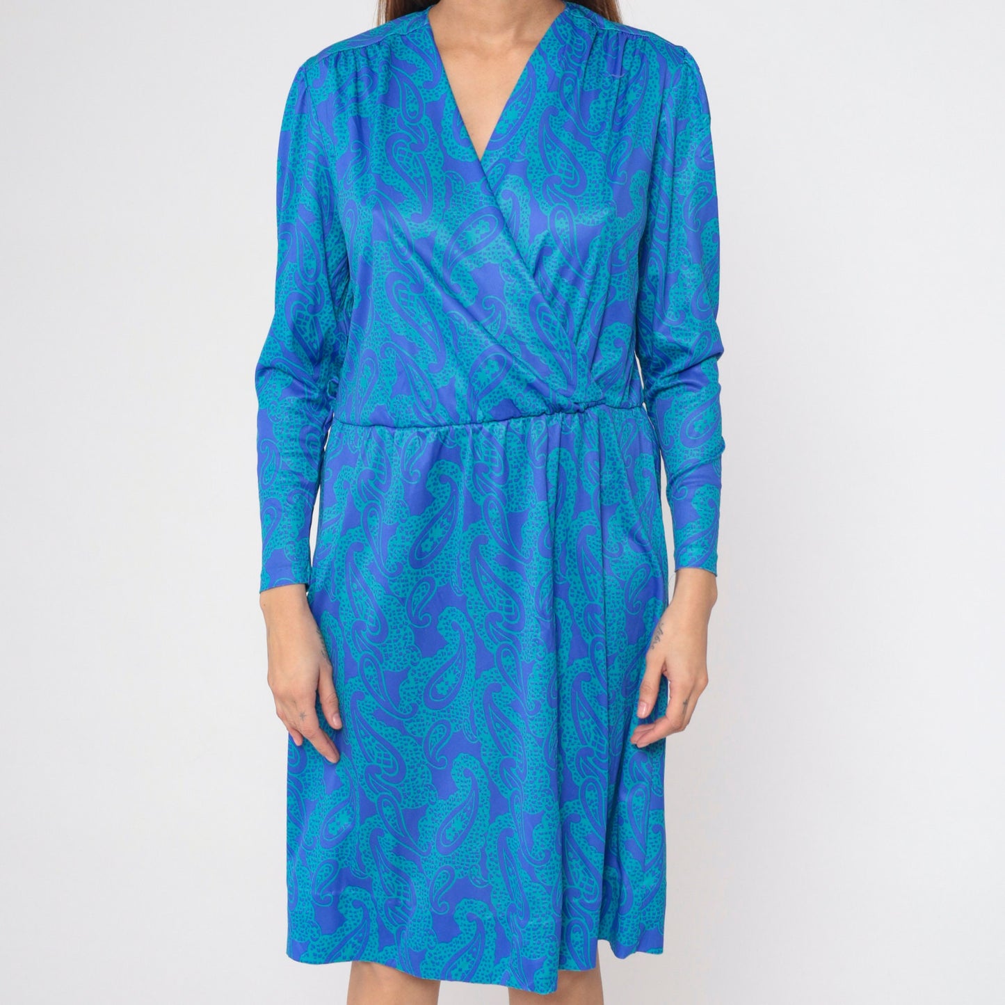 90s Blair Paisley Faux Wrap Midi Dress Puff Sleeve V-Neck Blue Green Large