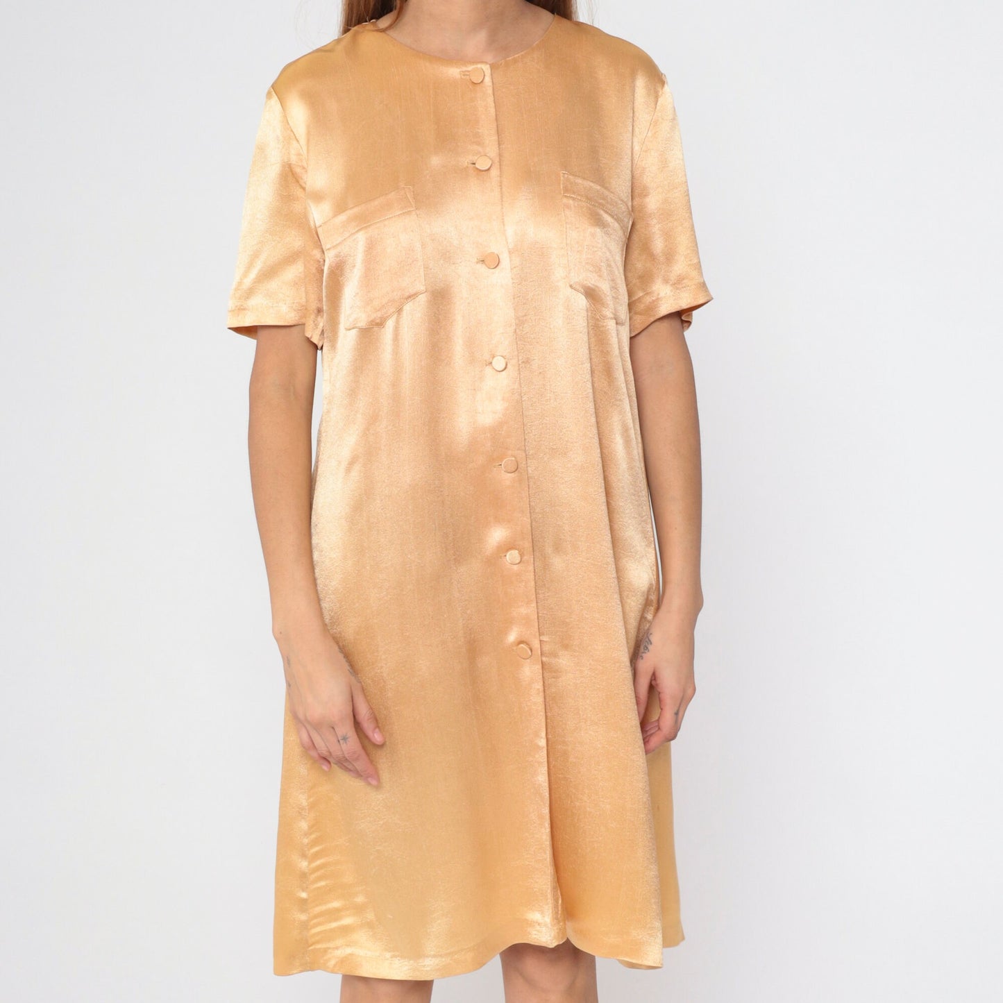 90s Wild Rose Apricot Shirtdress Knee-Length Button-Up Shift Dress Small