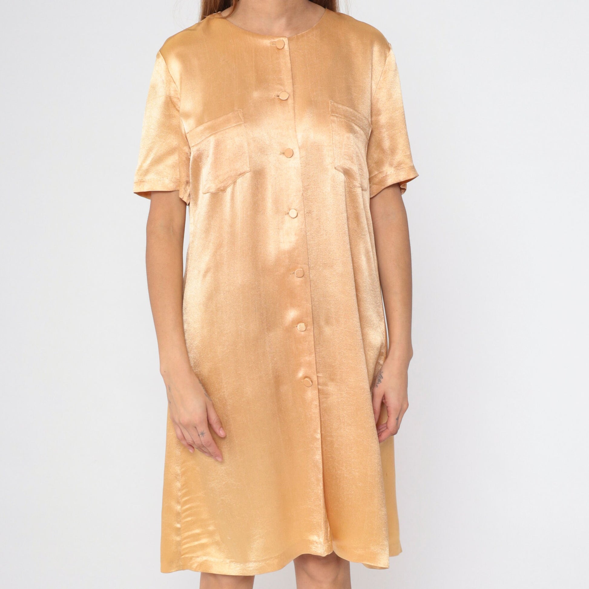 90s Wild Rose Apricot Shirtdress Knee-Length Button-Up Shift Dress Small