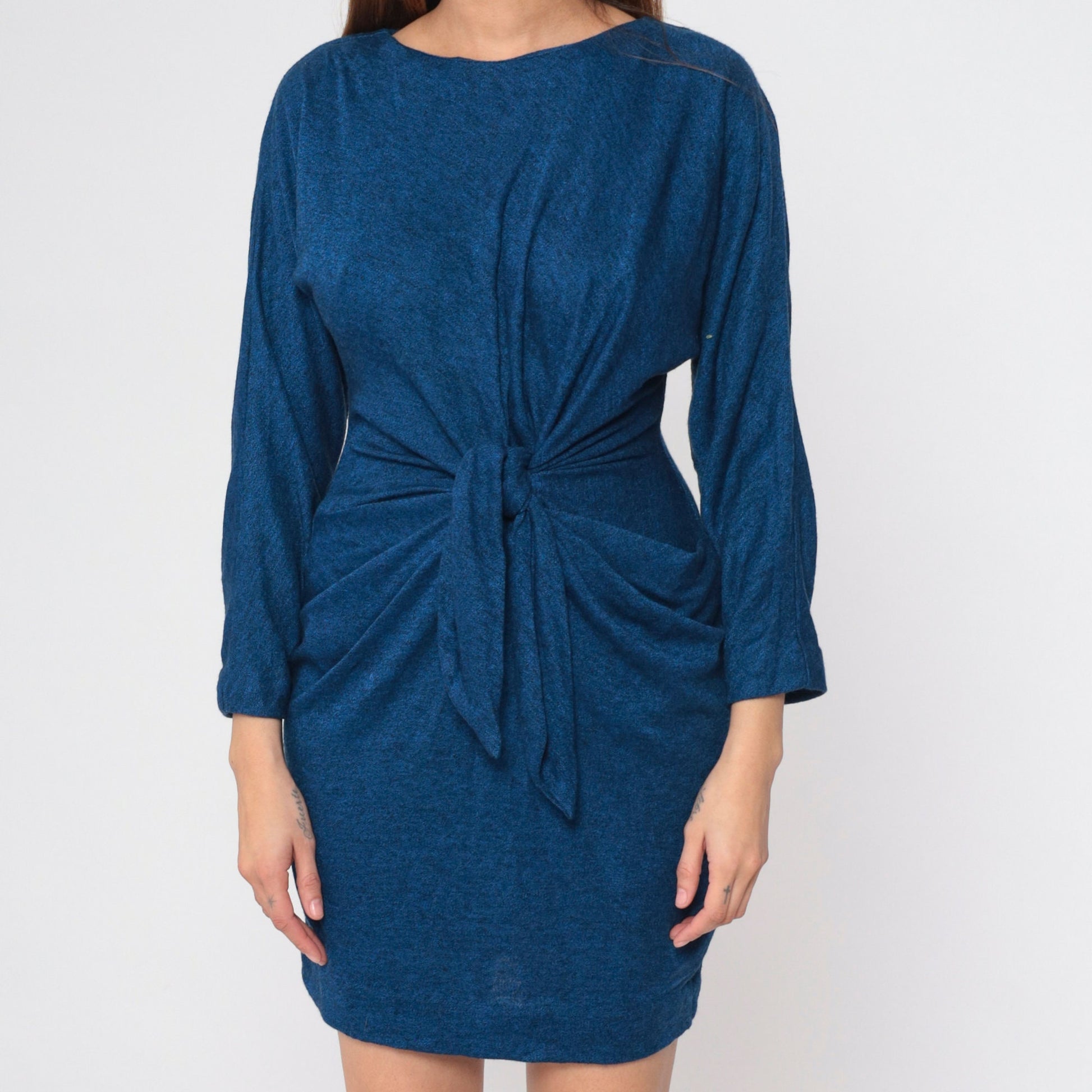 90s All That Jazz Knot Front Mini Dress Dark Blue Flecked Small