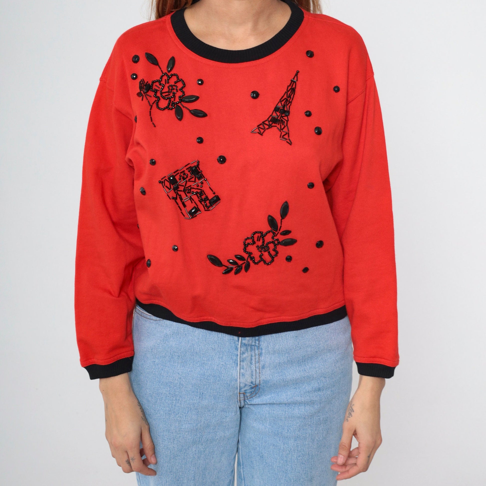 90s Carol Little Beaded Eiffel Tower Sweatshirt Red Ringer Medium