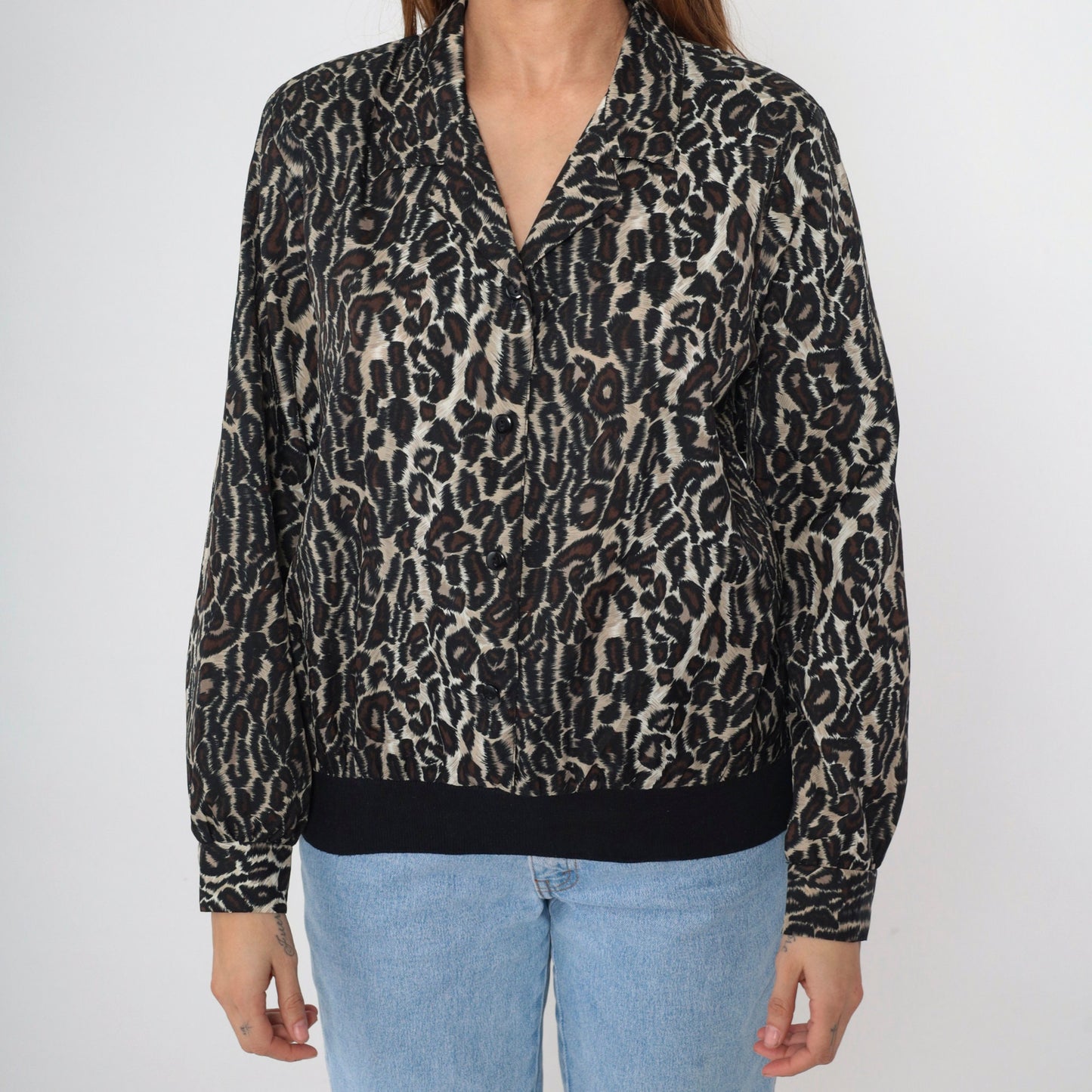 80s Leopard Print Button-Up Blouse Long Sleeve Collared Top Large