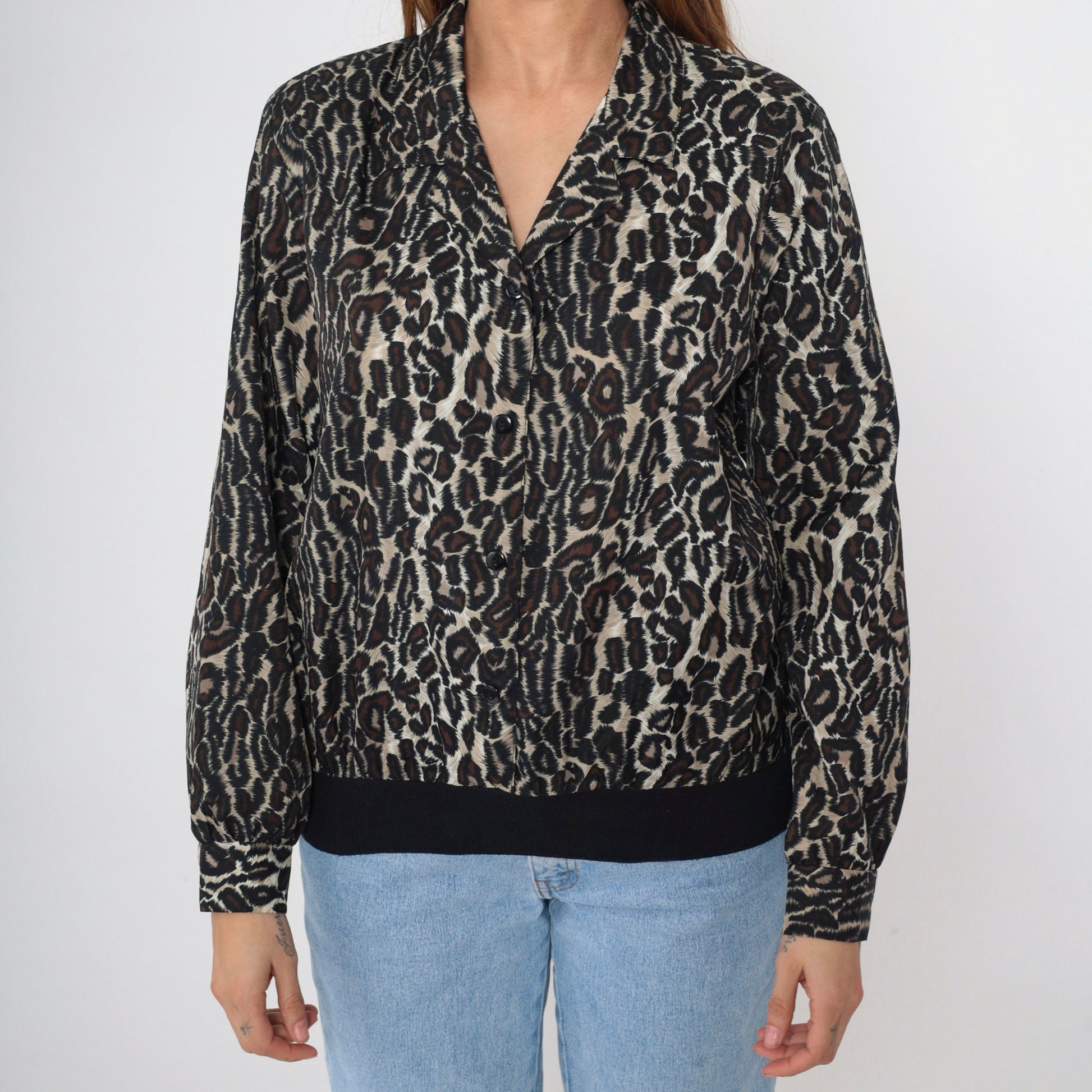 80s Leopard Print Button-Up Blouse Long Sleeve Collared Top Large